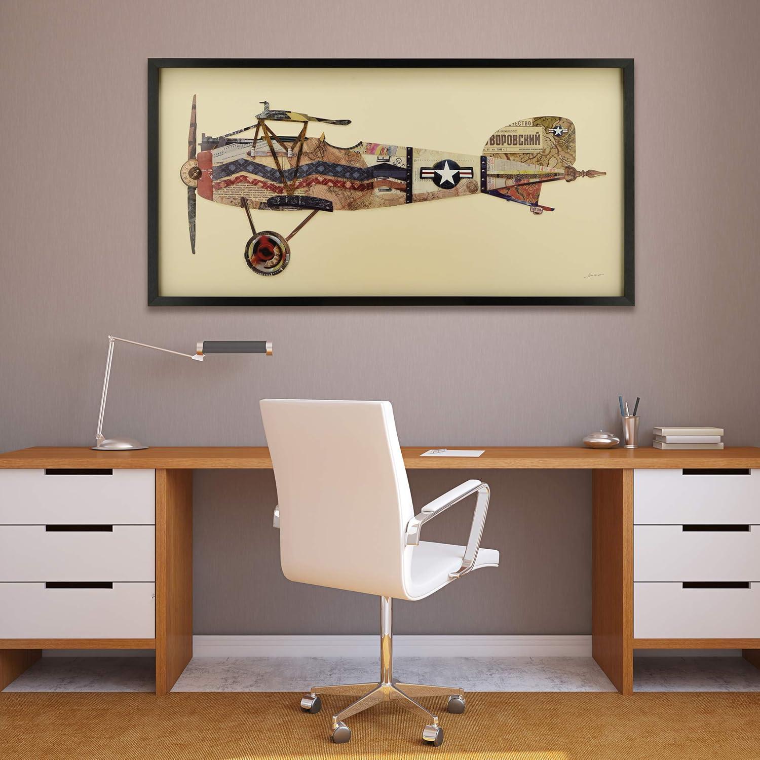 Antique Biplane Collage Art on Canvas with Black Frame