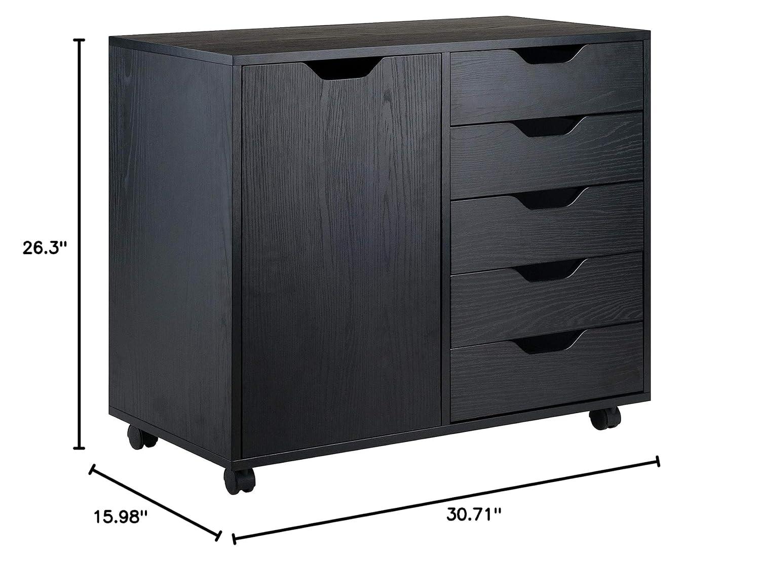 Halifax Cabinet with 5 Drawer & 1 Side Cabinet Black - Winsome: Mobile Storage Unit, Composite Wood, Modern Design