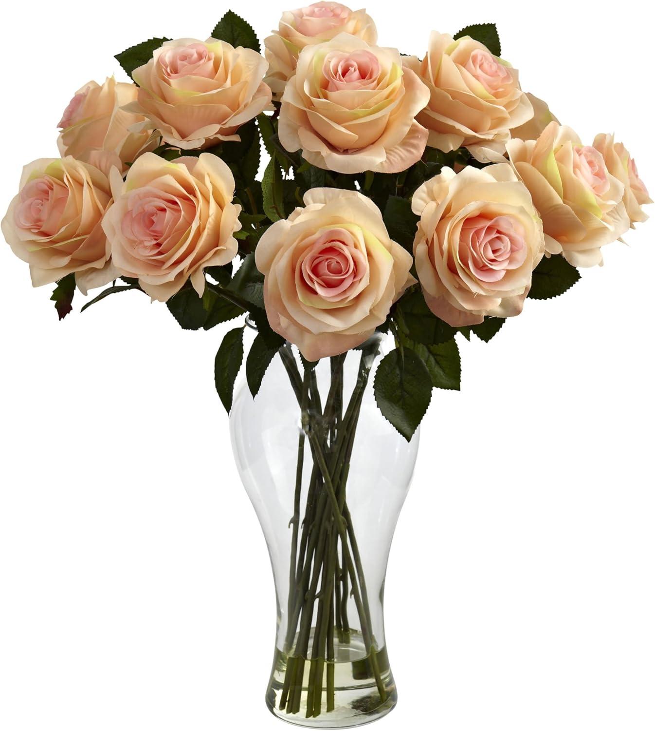 Peach Blooming Roses in Decorative Glass Vase, 22-inch