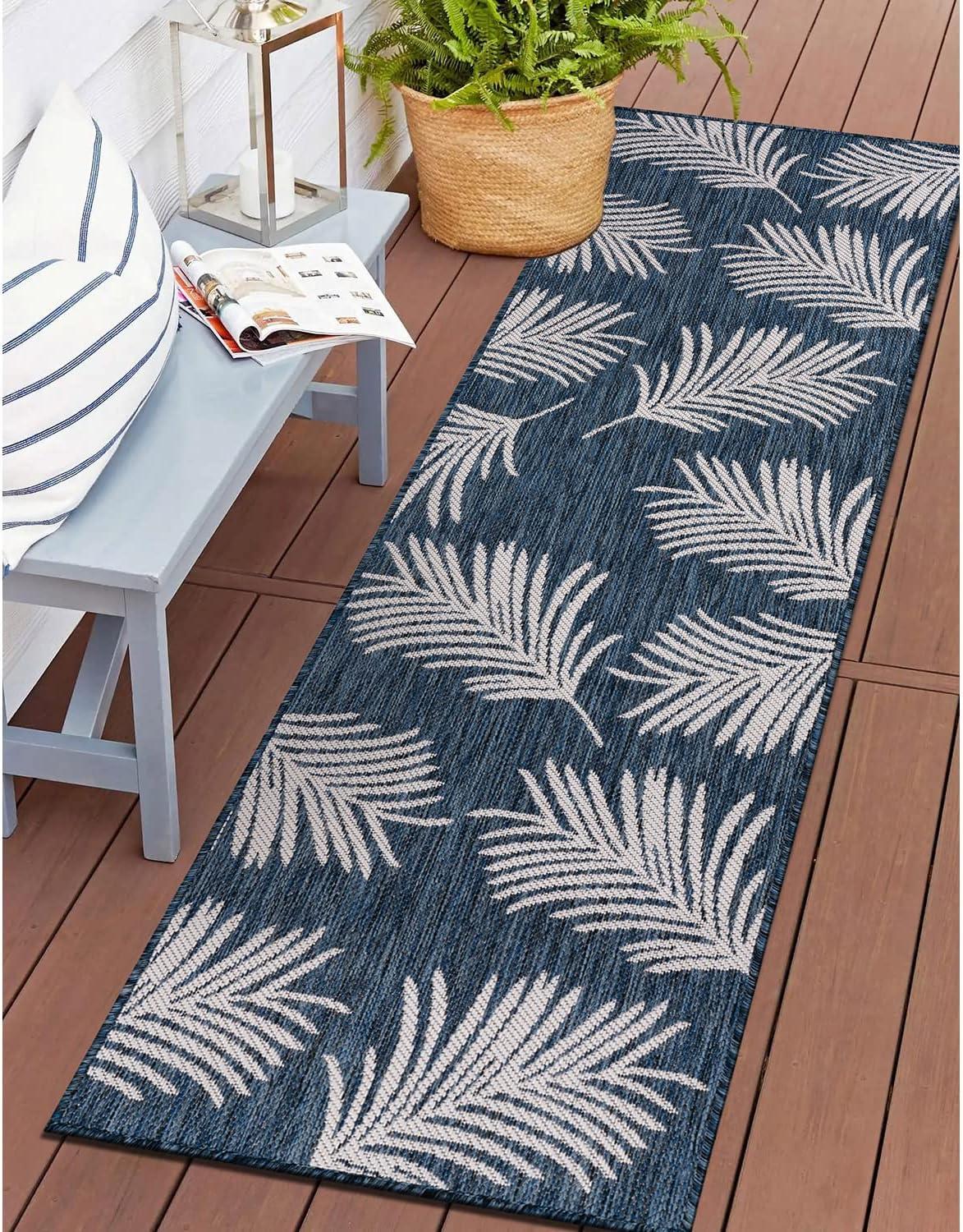 Tropical Navy Floral Flatwoven Synthetic 2'x7' Indoor/Outdoor Rug