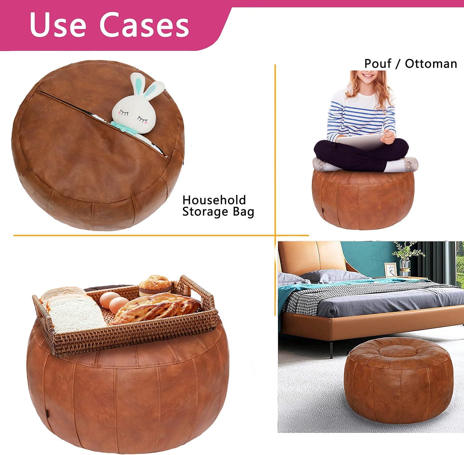 Unstuffed Handmade Moroccan Round Pouf Foot Stool Ottoman Seat Faux Leather Large Storage Bean Bag Floor Chair Foot Rest For Living Room, Bedroom Or Wedding Gifts