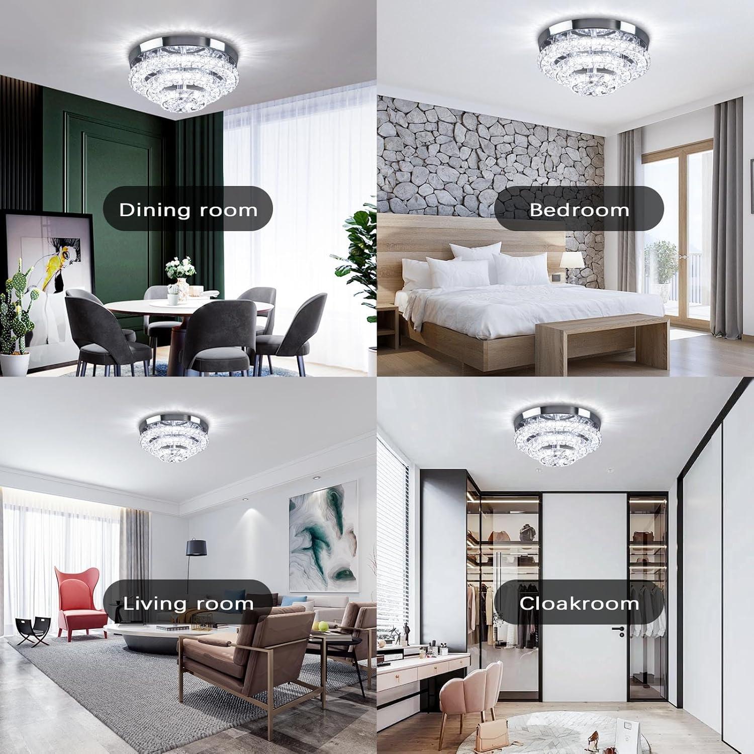 11.8" Crystal Chandeliers Modern Crystal Ceiling Light LED Chandeliers Semi Flush Mount Chandelier Crystal Ceiling Light Fixture for Bedrooms Dining Living Room Hallway (6500K Cool White)