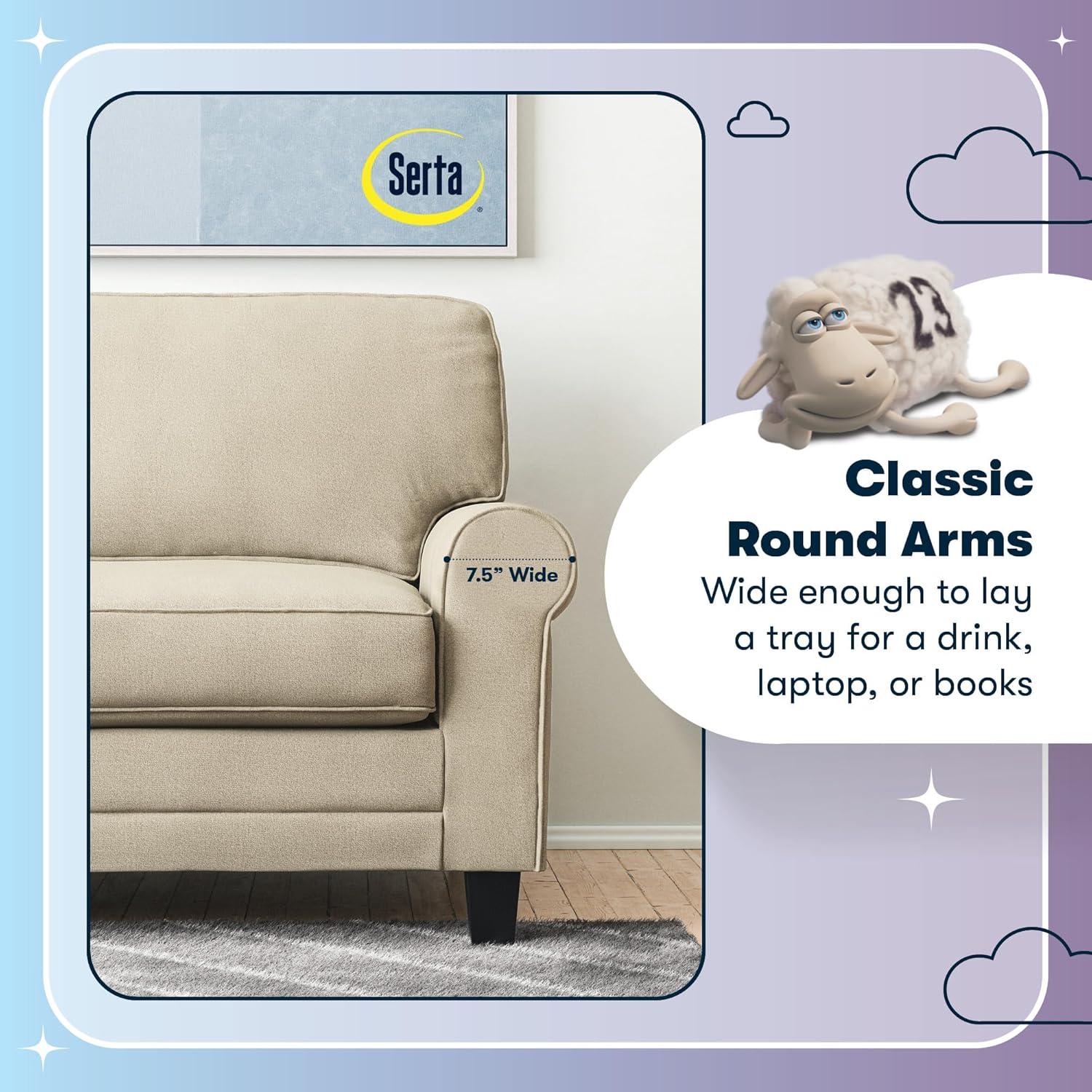 Serta Copenhagen 61" Rolled Arm Sofa, Easy Care Fabric, Soft Pillow Back, Pocket Coil Seat Cushions