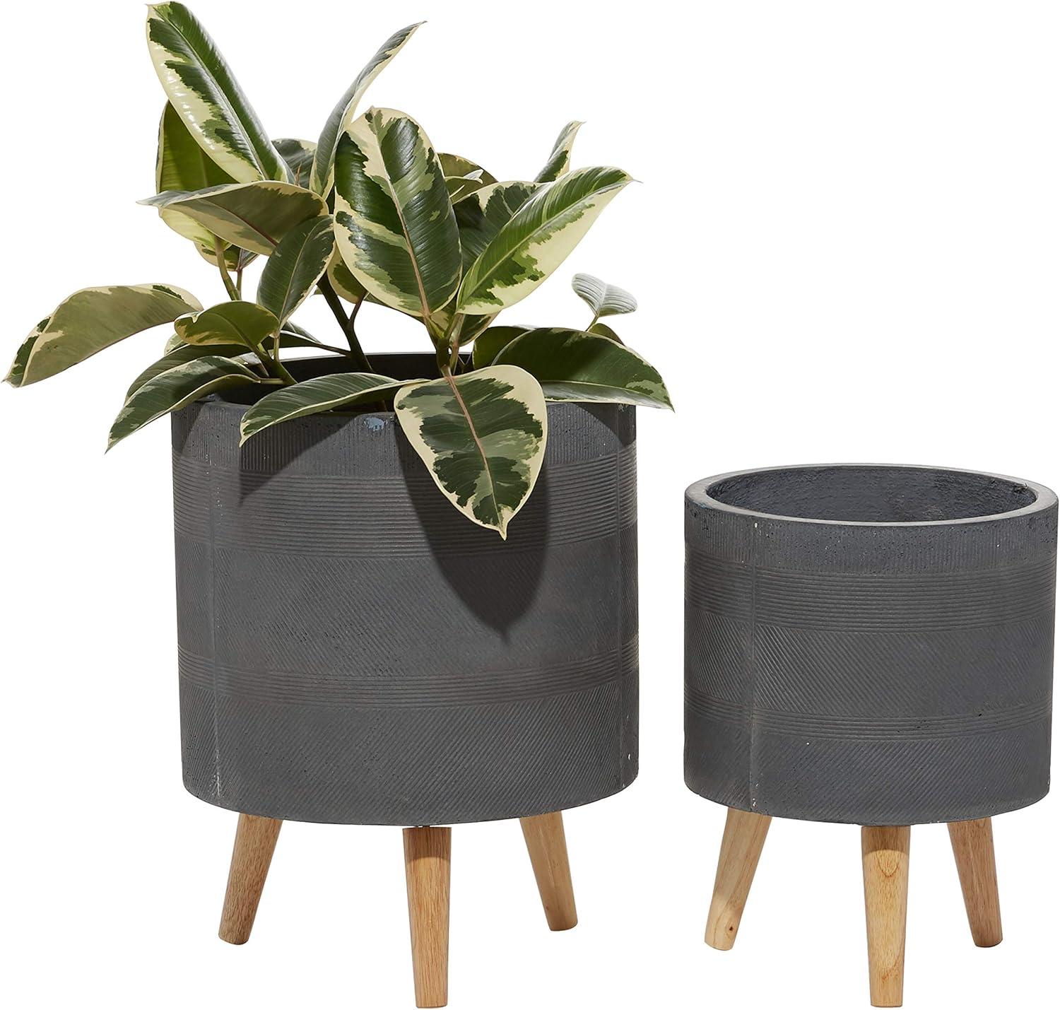 DecMode 13", 16"H Indoor Outdoor Gray Ceramic Planter with Wood Legs (2 Count)