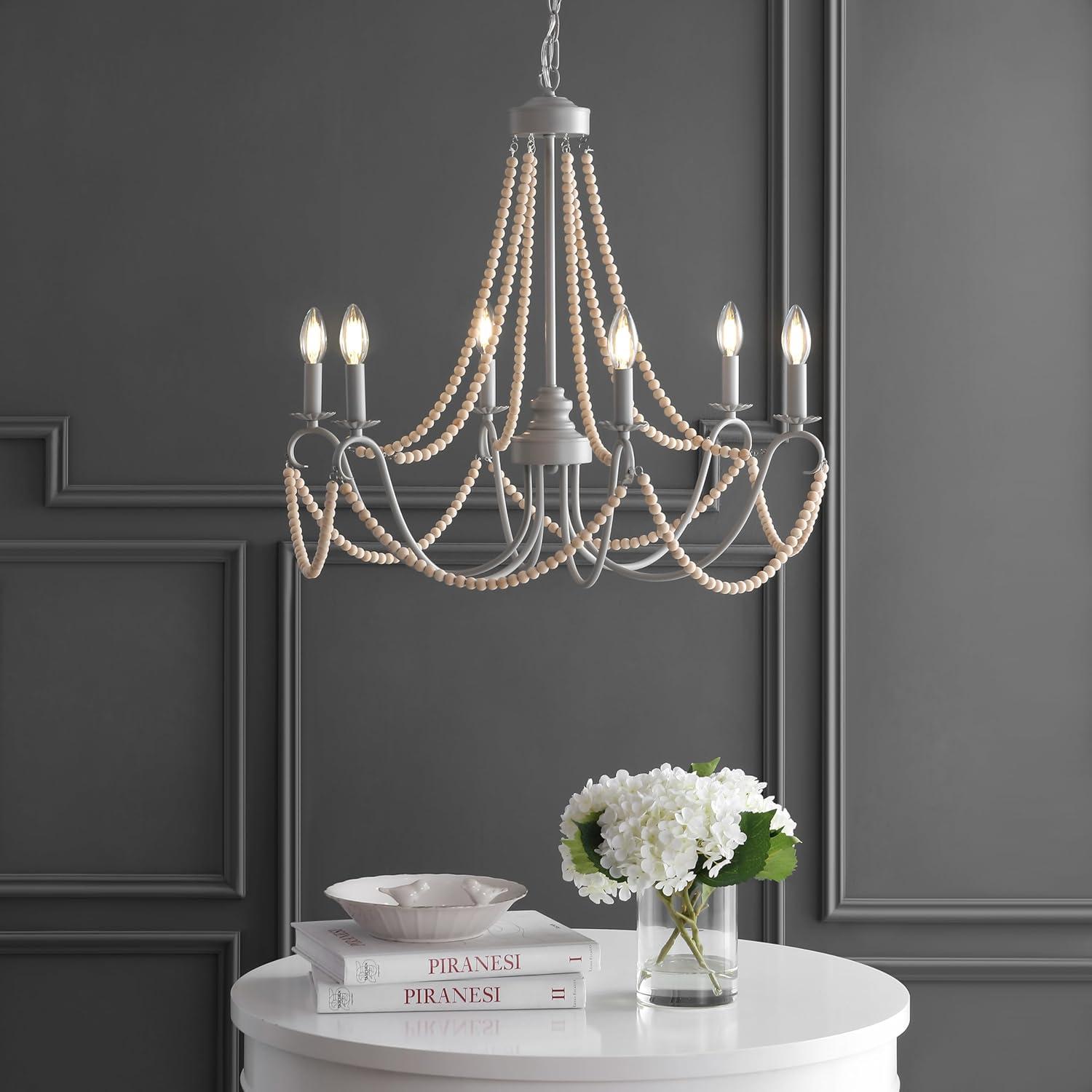Rustica 6-Light 27" Adjustable Greige Metal/Wood Bead LED Chandelier, Grey/Natural