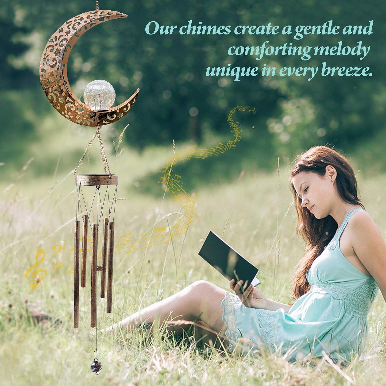 Moon Solar Lights Wind Chimes for Outside Gift for Women Gifts for Mom Grandma Birthday Gifts Large Moon Decor Windchimes Outdoors Gardening Gift for Outdoor Patio Yard Porch Solar Moon Night Lights