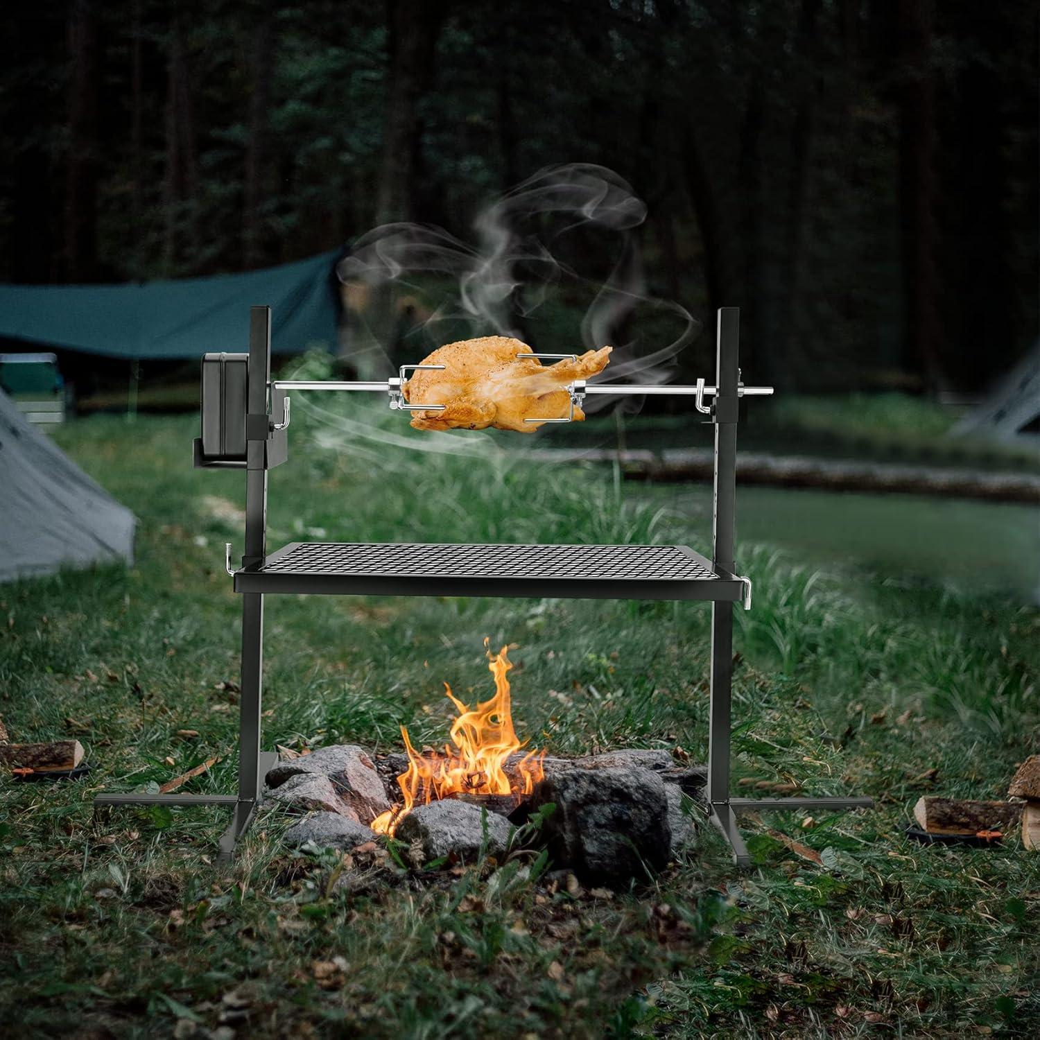 Adjustable Outdoor Camping Rotisserie Grill System and Spit Kit with Portable DC 3V Motor and 29 Inch Hexagon Spit Rod