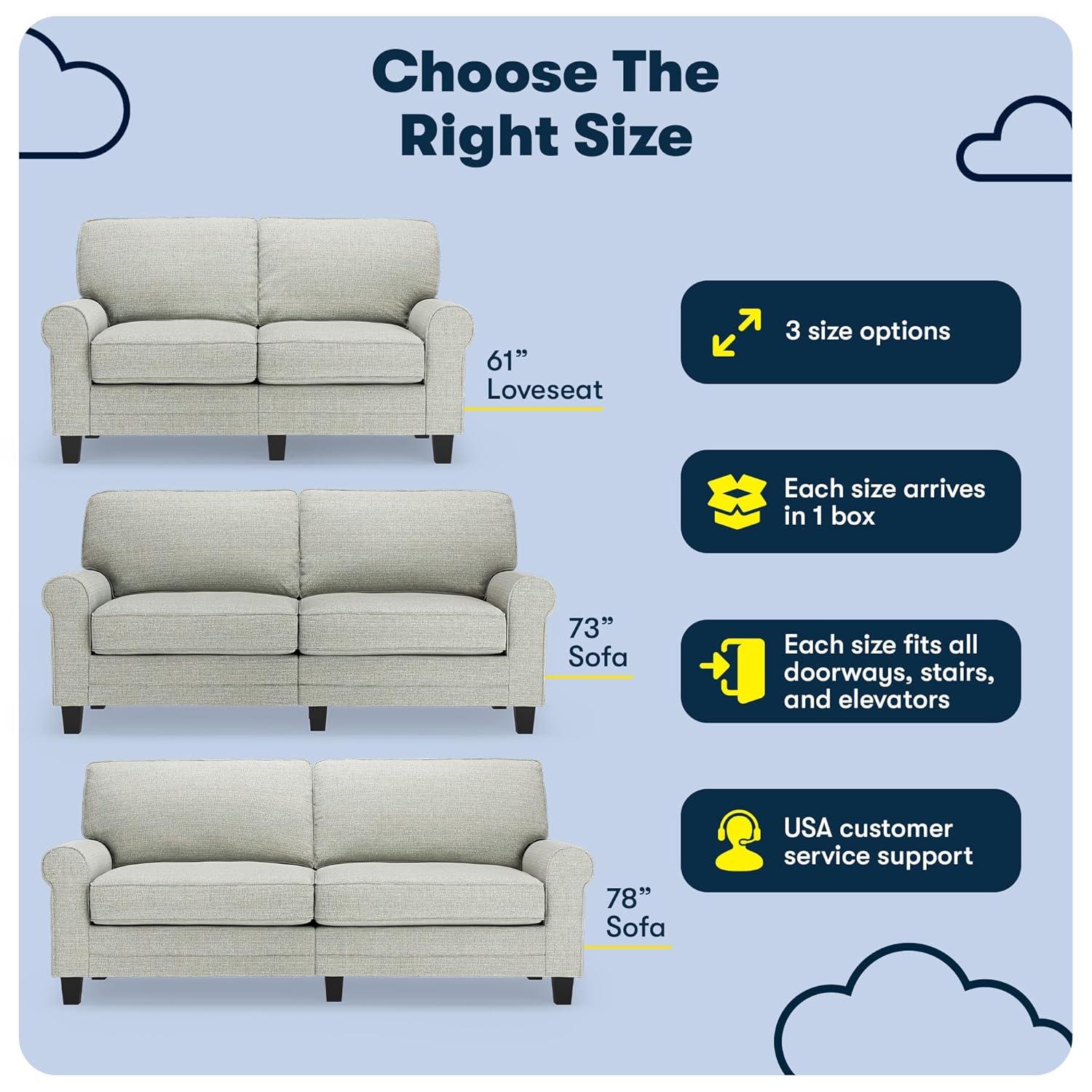 Serta Copenhagen 61" Rolled Arm Sofa, Easy Care Fabric, Soft Pillow Back, Pocket Coil Seat Cushions