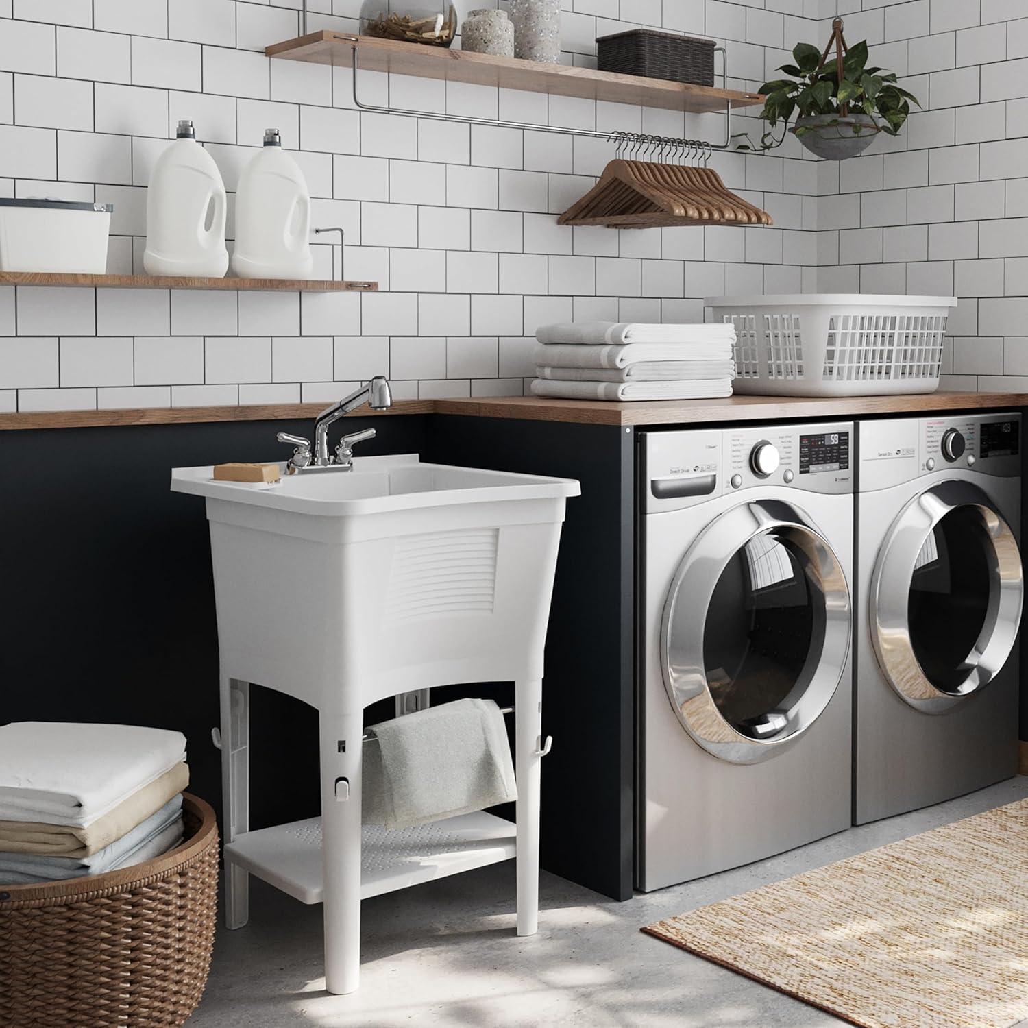 White Freestanding Utility Sink with Pull-Out Faucet and Towel Bar