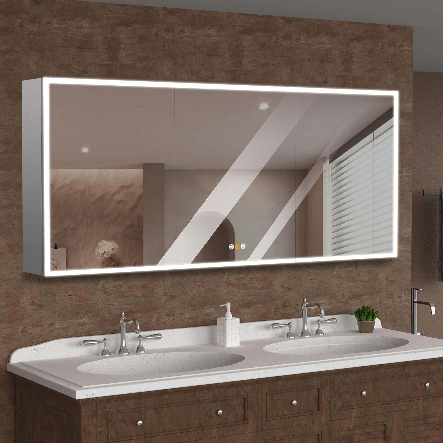 60 in. W x 36 in. H Rectangular Aluminum Big Storage Surface Mount Medicine Cabinet with Mirror in Grey and USB Outlet