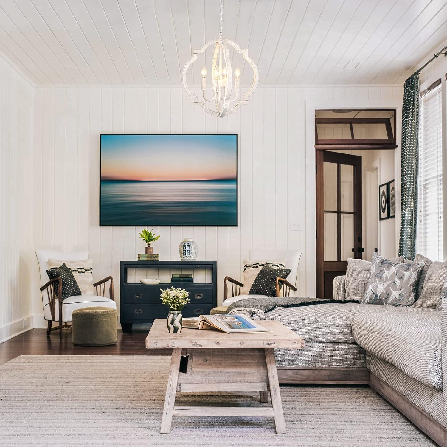 Farmhouse Chandelier Rustic Orb Chandeliers for Dining Room White Wooden Pendant Lighting 4 Light Small French Country Hanging Light Fixtures for Kitchen Island Living Room Bedroom Entryway