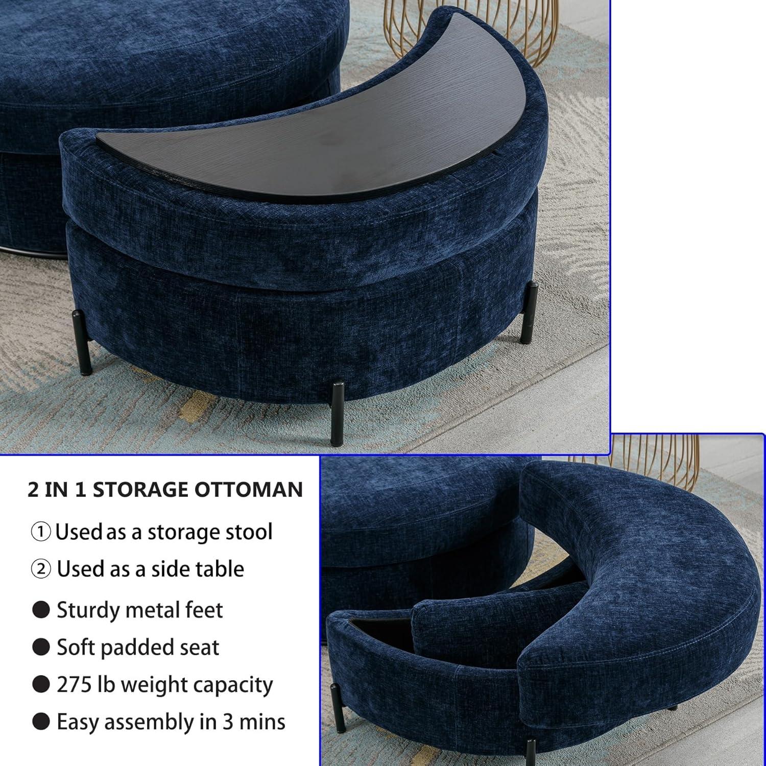 Navy Chenille Swivel Barrel Chair with Ottoman