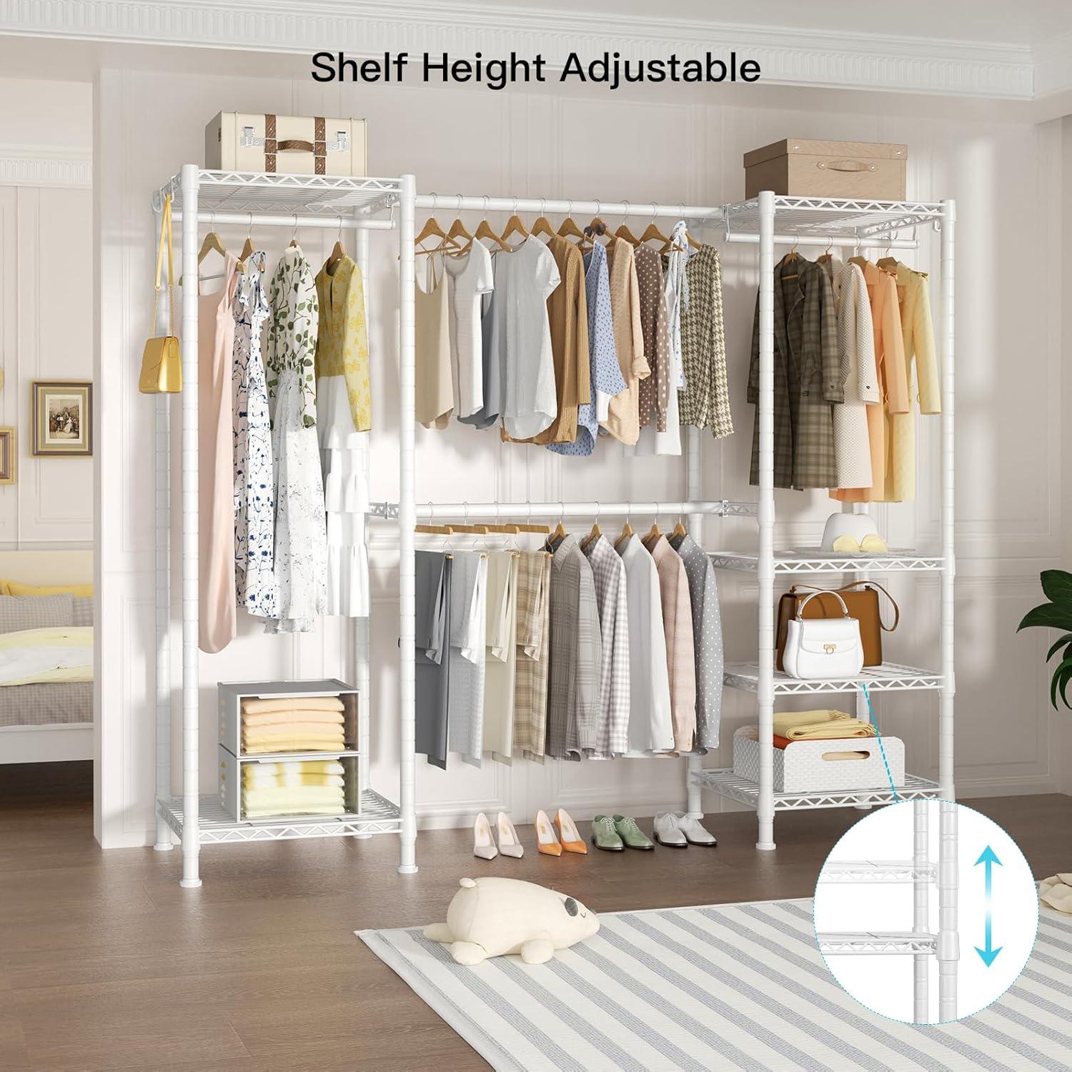 Ulif E7 Heavy Duty Garment Rack, Clothes Organizer and Storage Rack with Expandable Hangers, Metal Clothing Rack with 6 Wire Shelves, (52.3"-72") W x 14.5" D x 71.2" H, Load 838 LBS, White