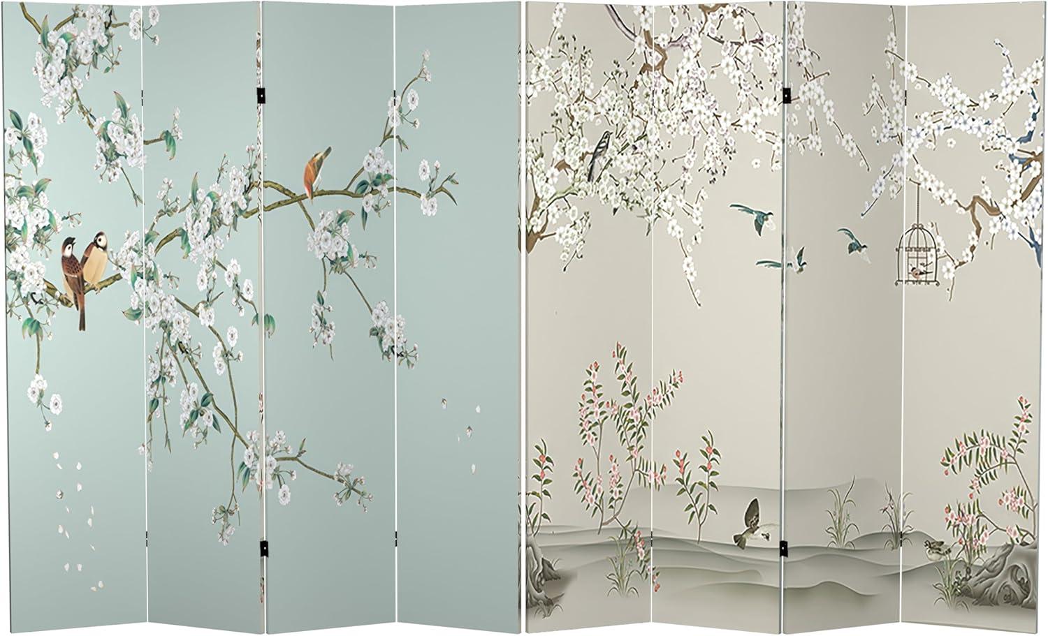 Oriental Furniture 6 Feet Tall Double Sided Birds and Plum Blossoms Canvas Room Divider
