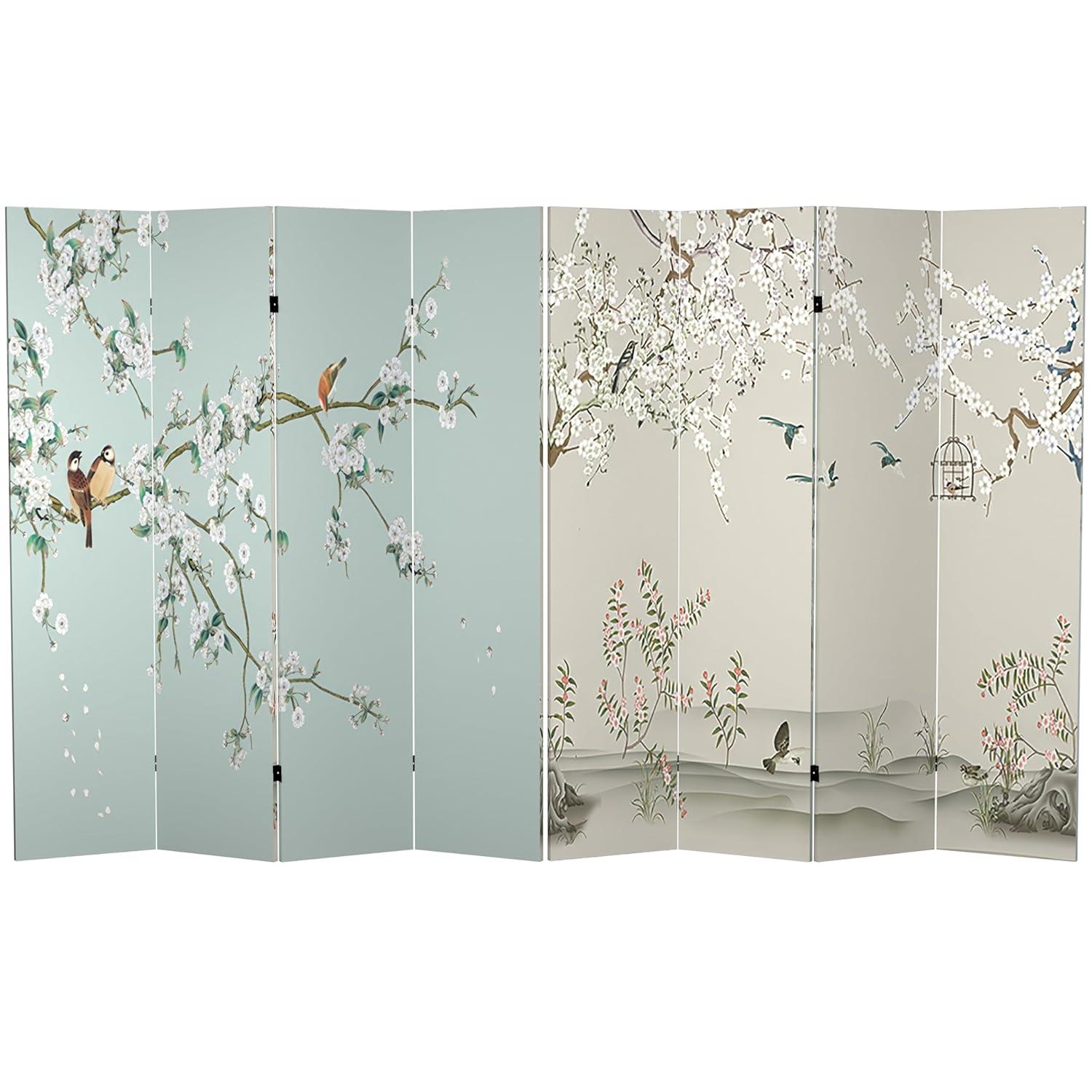 Oriental Furniture 6 Feet Tall Double Sided Birds and Plum Blossoms Canvas Room Divider