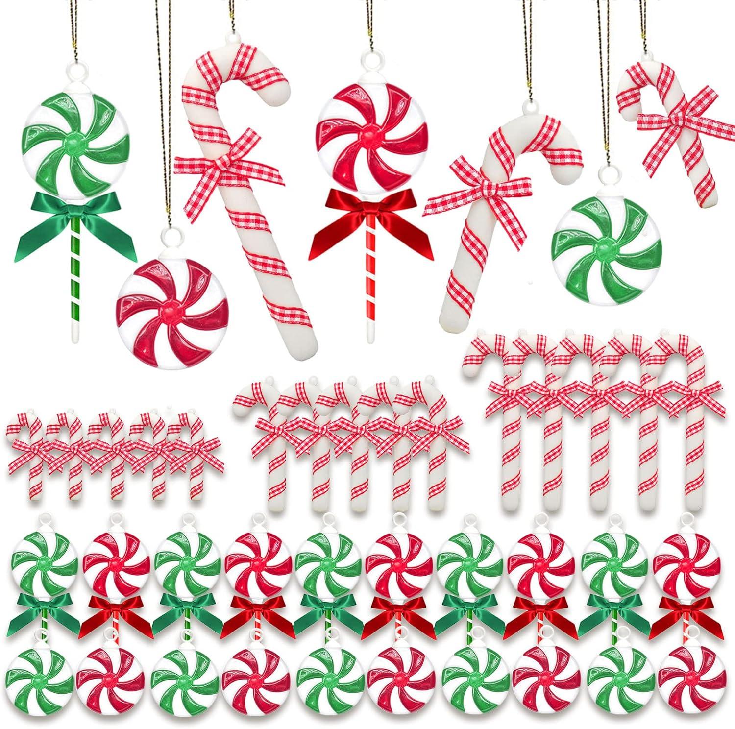 35 Pcs Shatterproof Christmas Candy Cane Decorations with Rope, Swirl Peppermint Lollipop Christmas Tree Hanging Ornaments, Colorful Acrylic Sweets Candy Pendant with Bow for Holiday Party Supplies