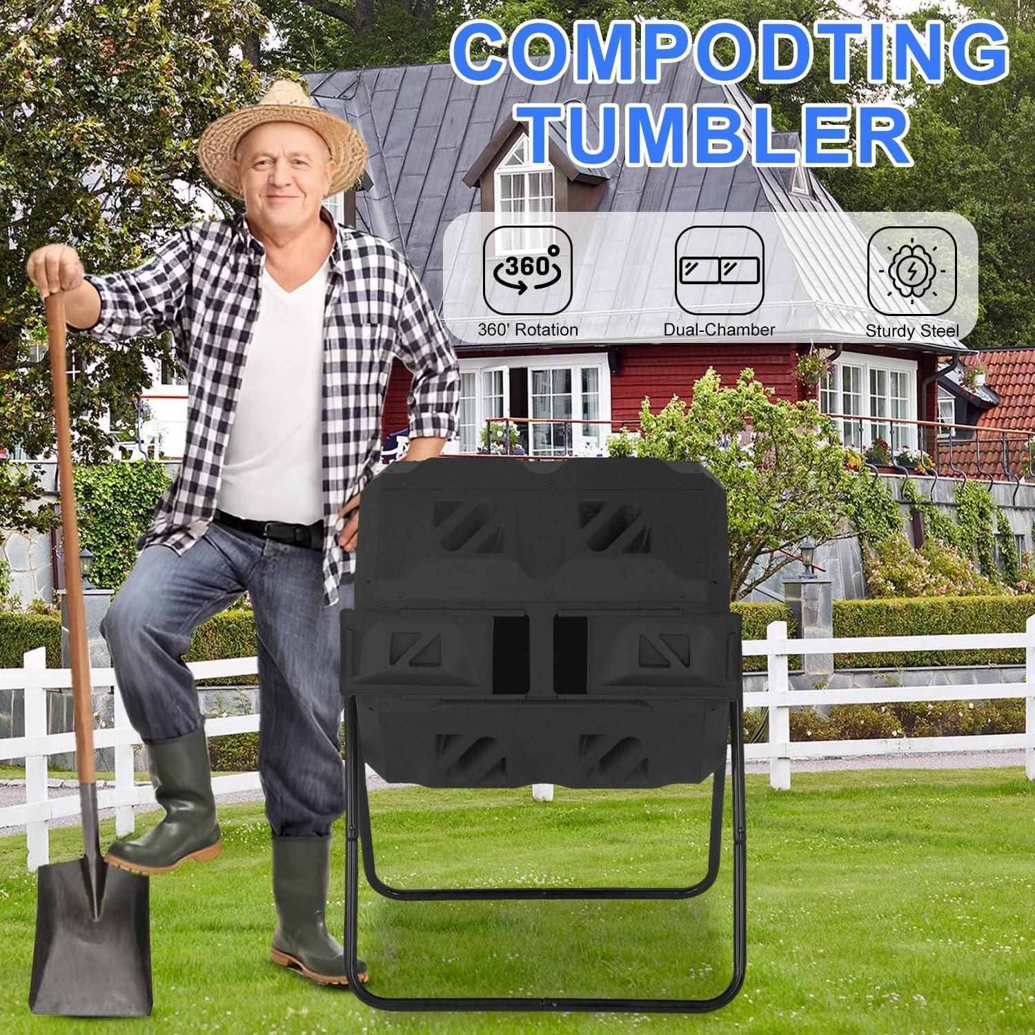 CL.HPAHKL Outdoor Compost Bin, 43 Gallon Dual Tumbling Composter Rotating Composting Bin Compost Tumbler for Garden Patio Kitchen Yard, Black Door