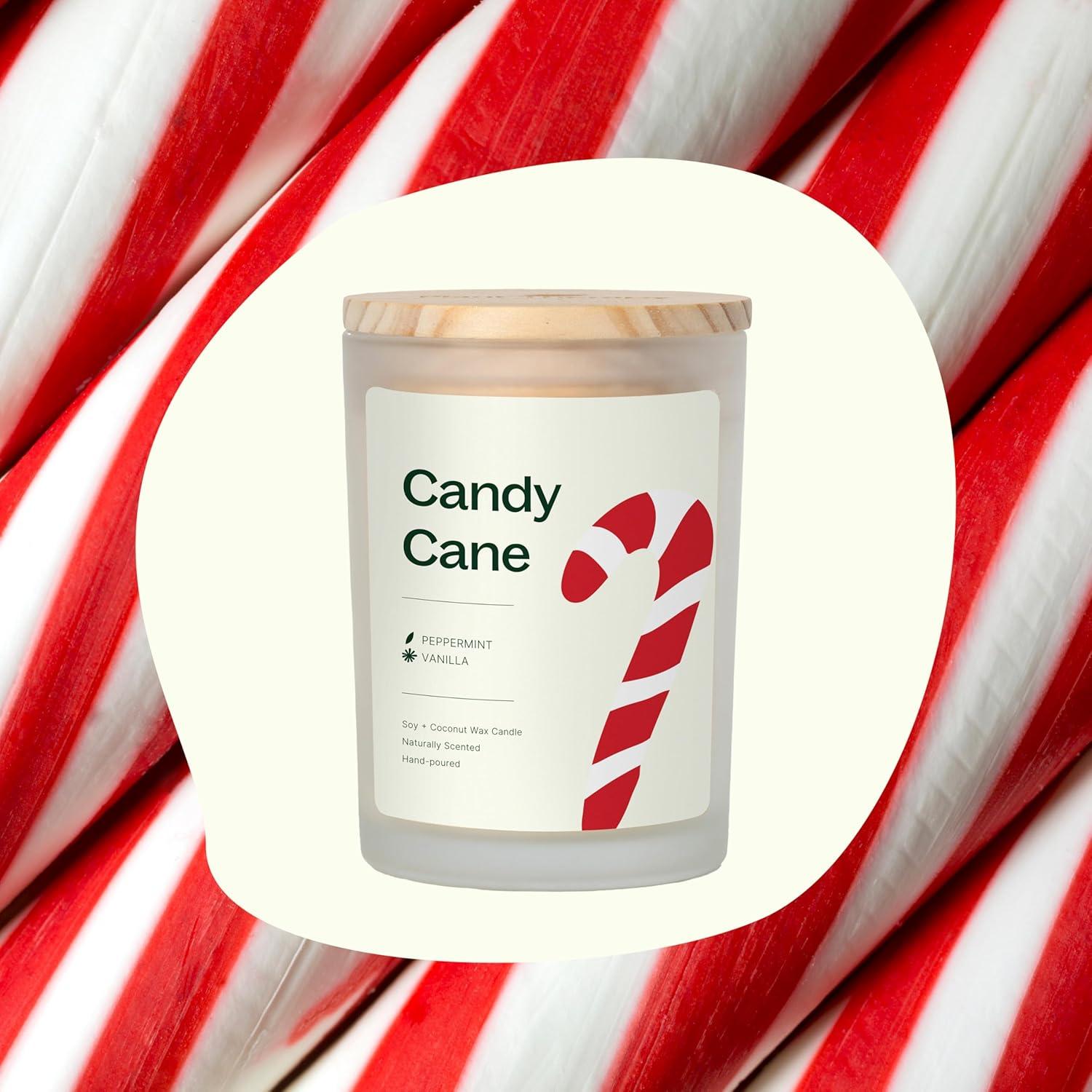 Plant Therapy Candy Cane Naturally Scented Candle 9 oz Hand-Poured Coconut & Soy Wax Blend, Crisp & Cool Natural Scent, Chic Frosted White Jar with Wooden Lid