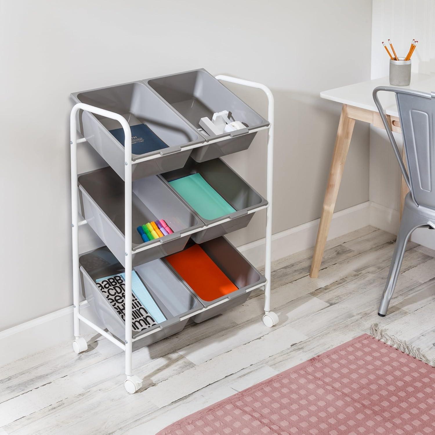 Gray and White 6-Bin Rolling Storage Cart