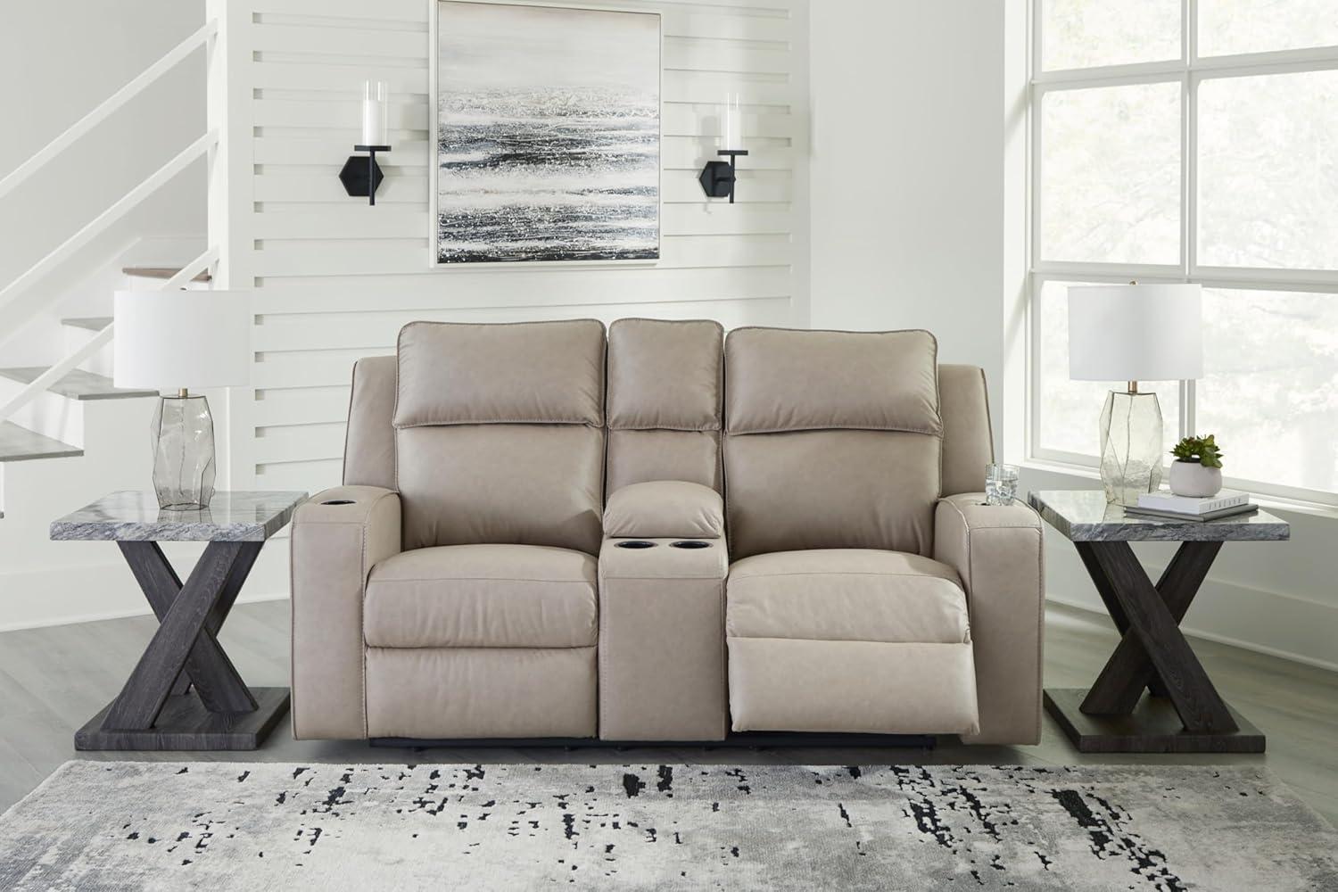 Beige Faux Leather Reclining Loveseat with Storage and Cup Holders