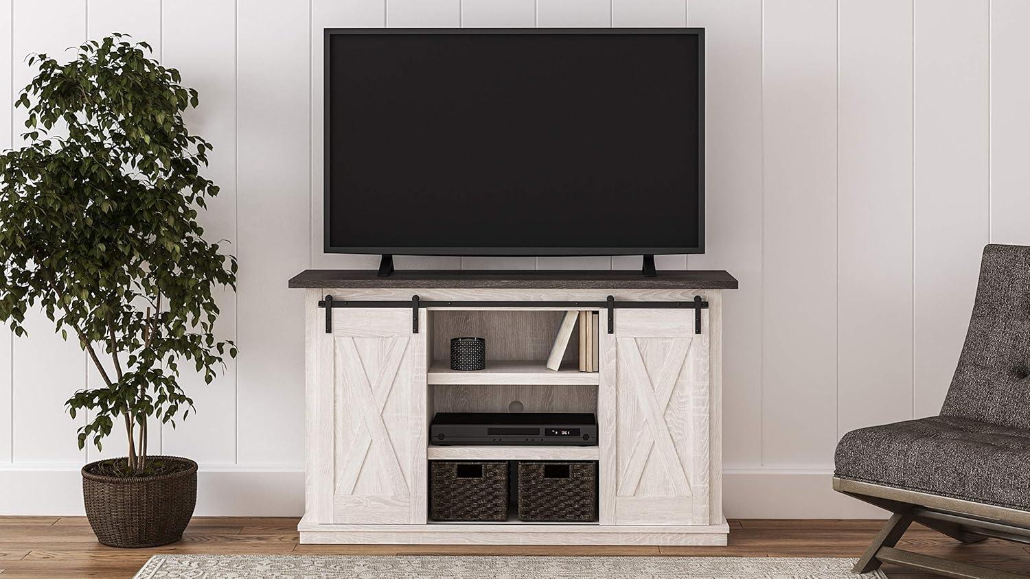 Signature Design by Ashley Dorrinson Medium TV Stand for TVs up to 63" Two-Tone: Farmhouse Media Console with Adjustable Shelves