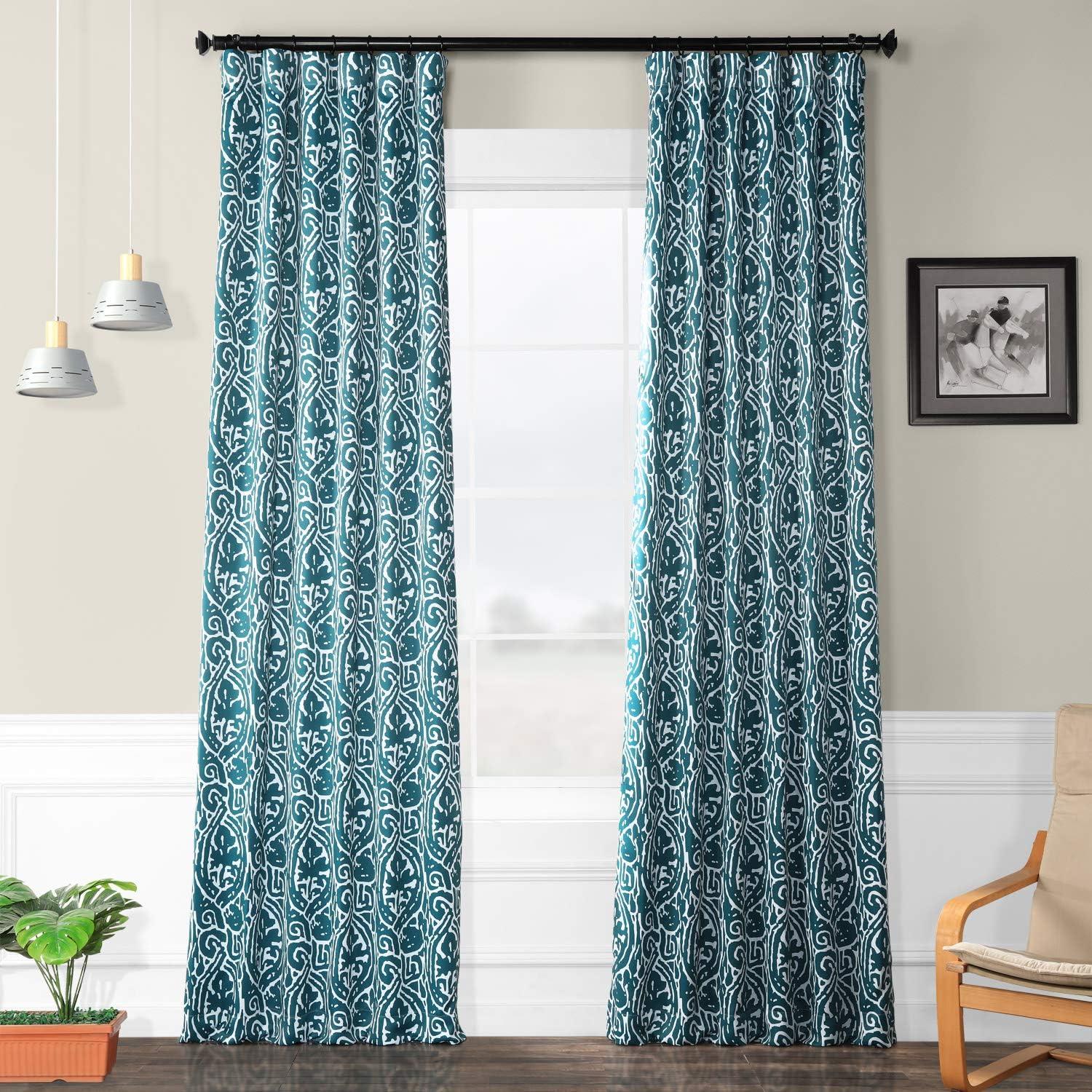 Teal and White Abstract Blackout Polyester Curtain Panel