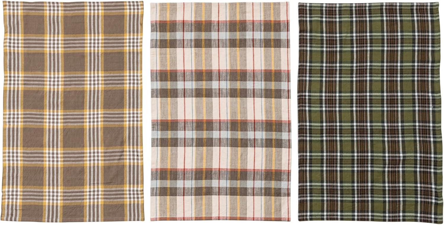 Creative Co-Op 28" L x 18" W Cotton Printed Tea Towels w/Tie w/Wood Beads, Multi Color Plaid, Set of 3