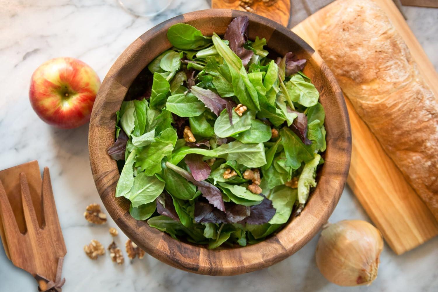 Large Acacia Wood Round Salad Serving Bowl