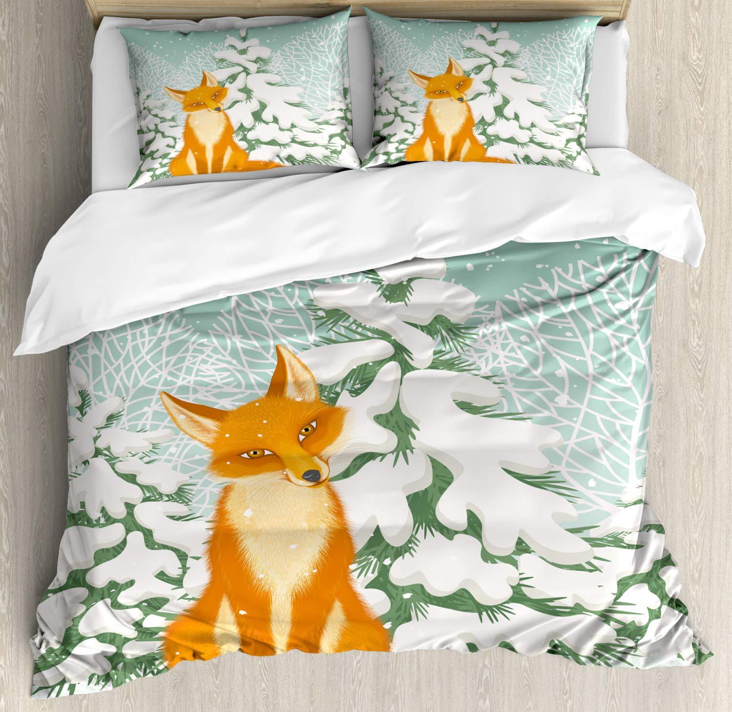 Fox Duvet Cover Set Queen Size, Red Fox Sitting in Winter Forest Snow Covered Pine Trees Xmas Cartoon, Decorative 3 Piece Bedding Set with 2 Pillow Shams, Orange White Almond Green, by Ambesonne