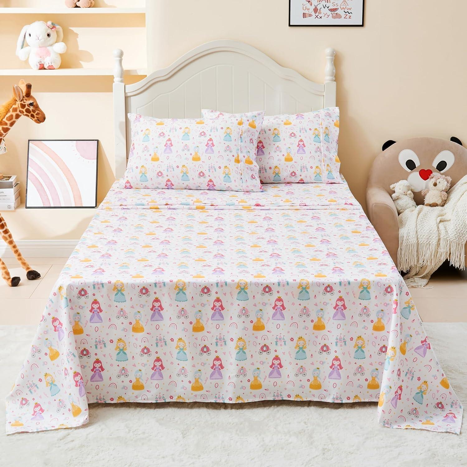 Softan Kids Bed Sheet Set, Girls Twin Size Sheets, Microfiber Fitted Sheet and Pillowcase, Breathable and Silky Soft, 3 Piece Castle Princess Printed Twin Bed Sheet