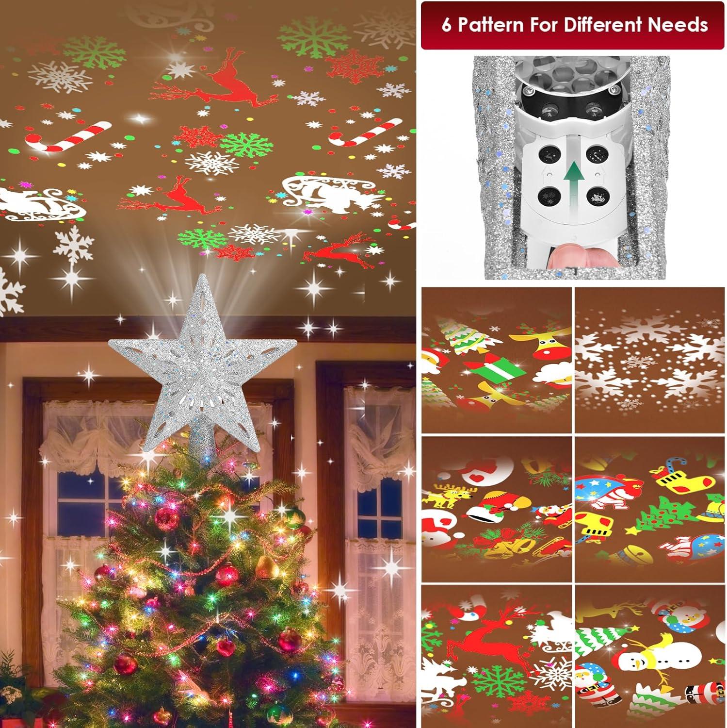 Christmas Tree Topper Lighted, 3D Rotating Pattern Projector for Xmas Tree Topper, 6 Pattern Projection Modes, Built-in LED Projection Light for Christmas Decorations