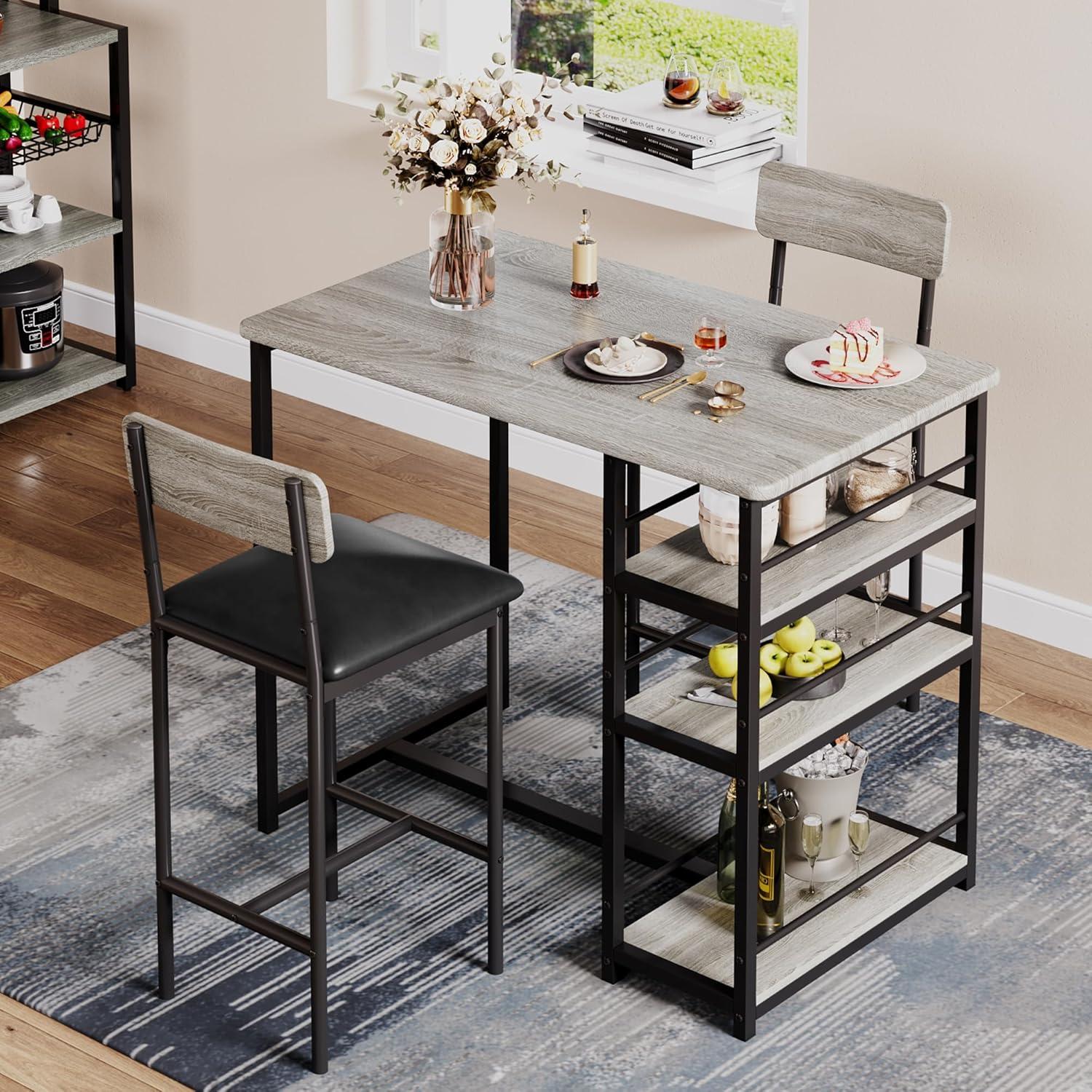 Rustic Grey Rectangular Pub Table Set with 2 Chairs and Storage Shelves