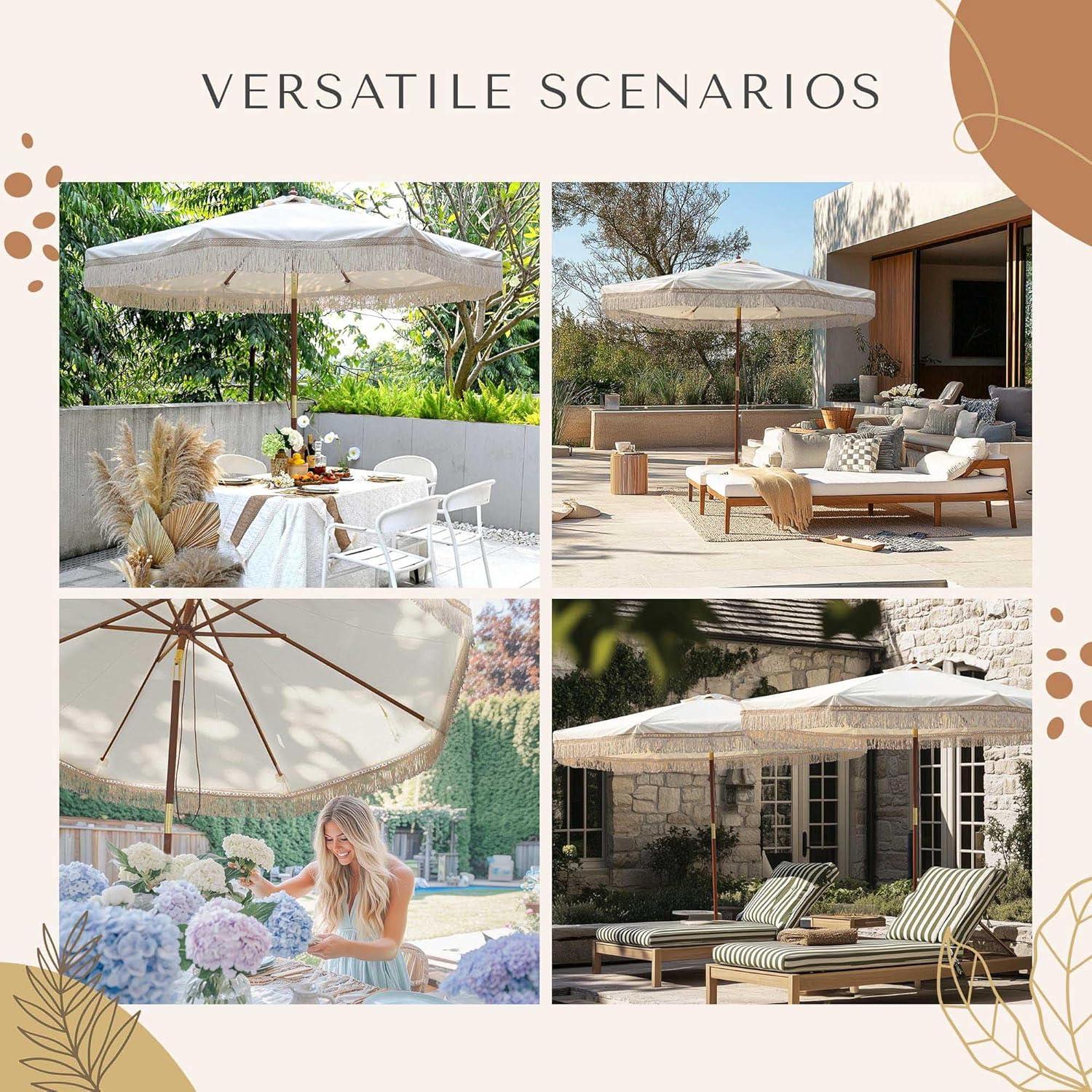 LAGarden BOHO 9' Fringe Patio Umbrella with Tassels UPF50+ Boho Style 5-Year-Non-Fading for Outdoor Yard Market Ivony Xchevron white