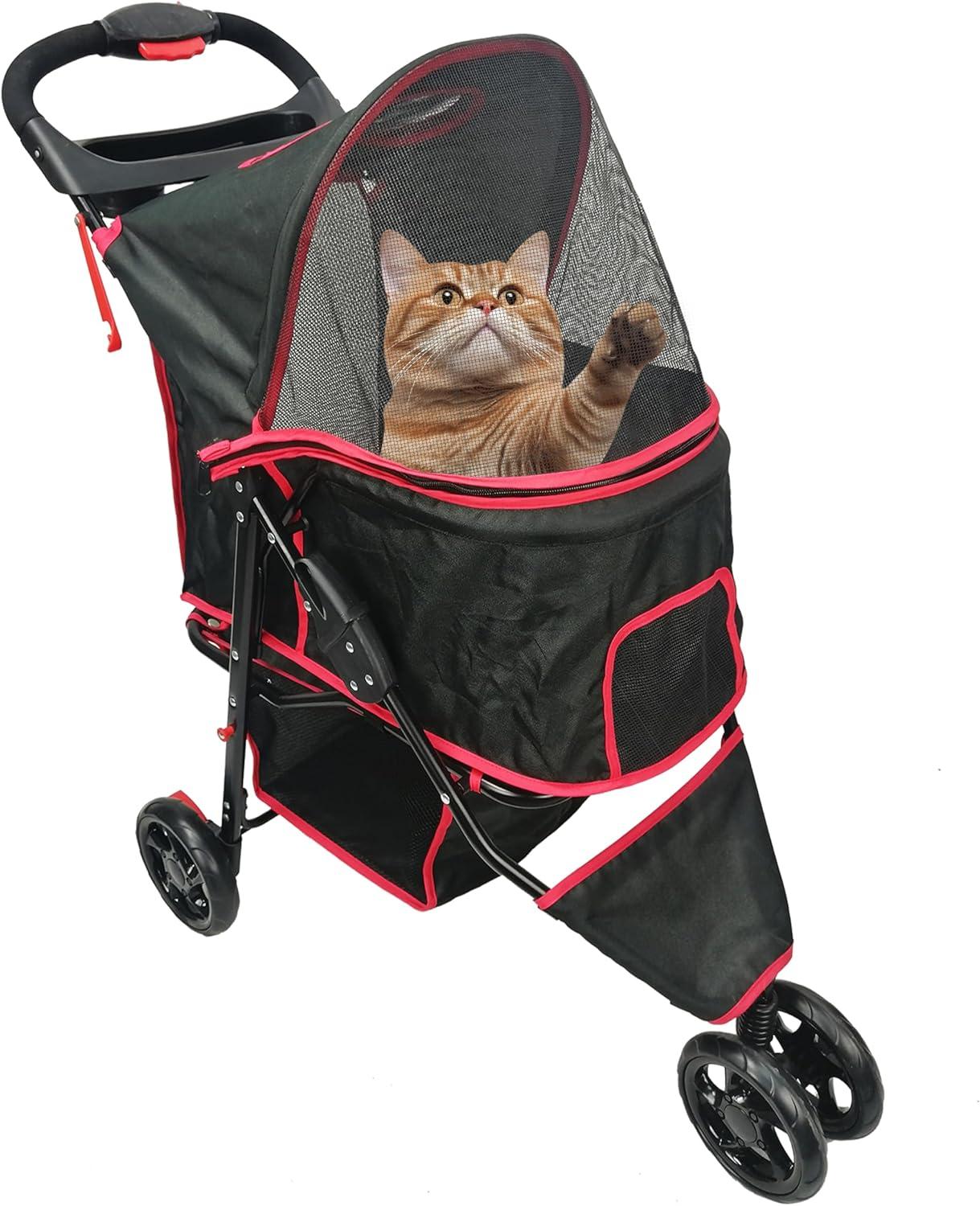 Black and Red Foldable Pet Stroller with Mesh Cover