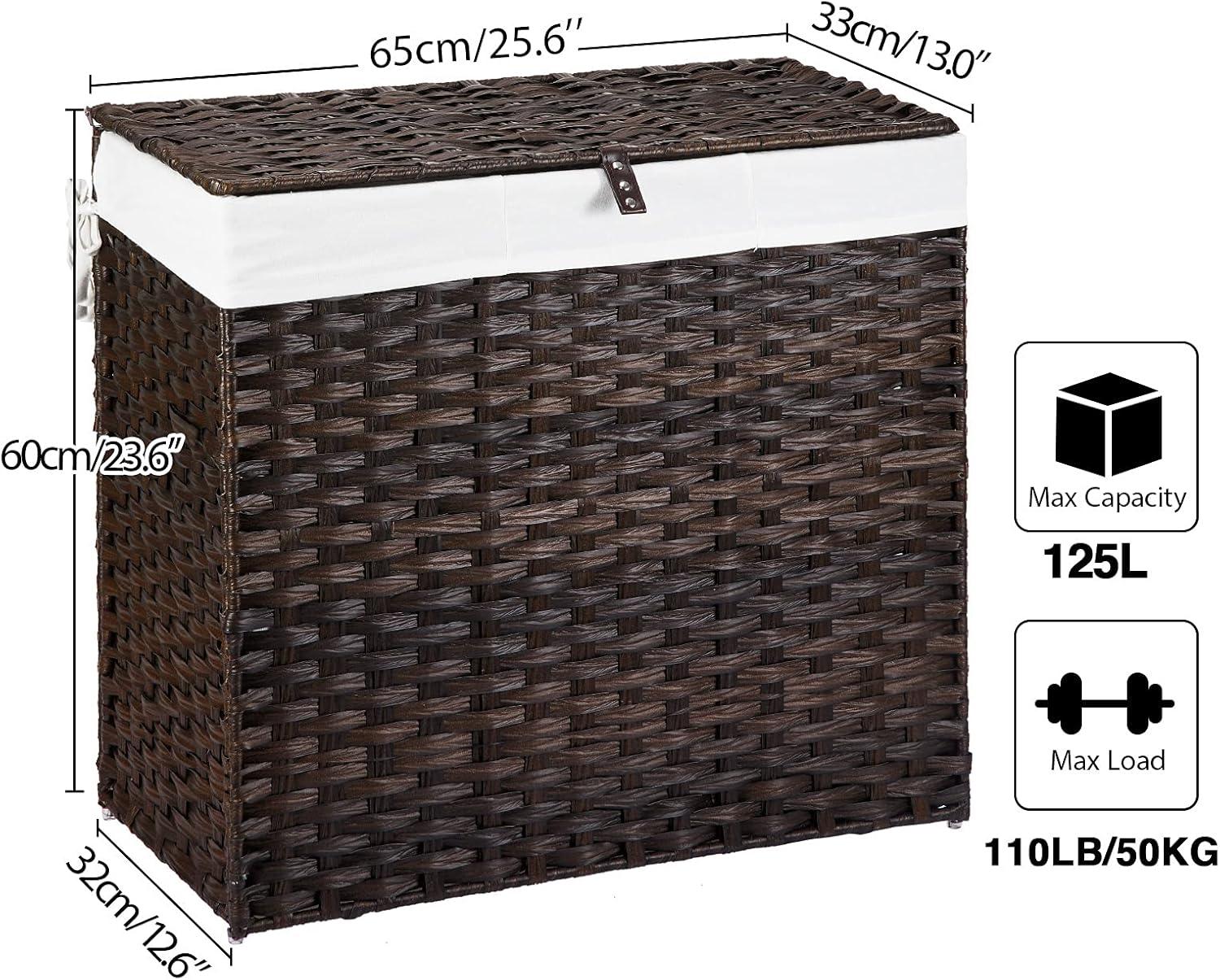 Greenstell Laundry Hamper with Lid, 125L Large Clothes Hamper with 3 Section & 2 Section Removable Liner Bags & 5 Mesh Laundry Bags, Handwoven Synthetic Rattan Divided Laundry Basket, Brown