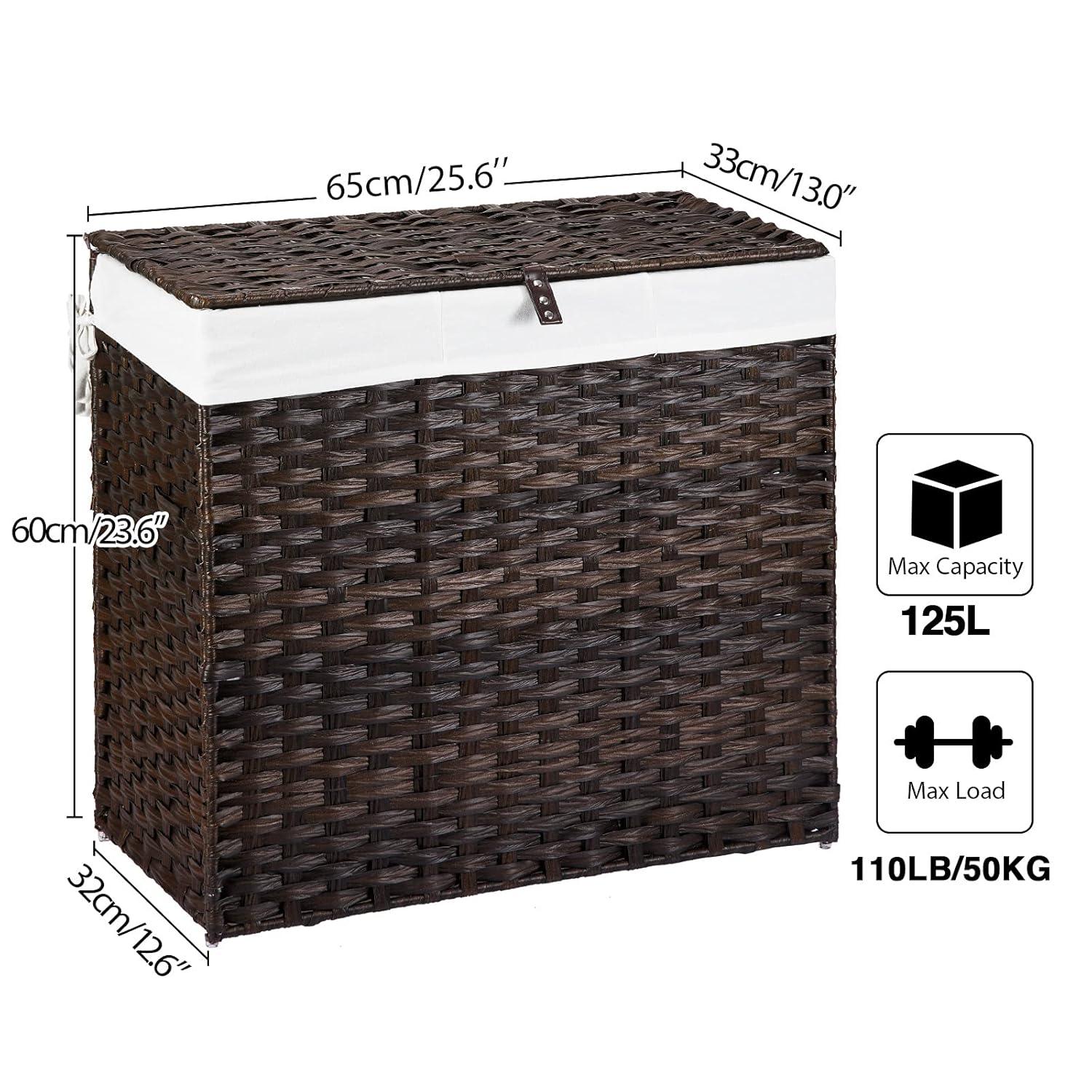 Greenstell Laundry Hamper with Lid, 125L Large Clothes Hamper with 3 Section & 2 Section Removable Liner Bags & 5 Mesh Laundry Bags, Handwoven Synthetic Rattan Divided Laundry Basket, Brown