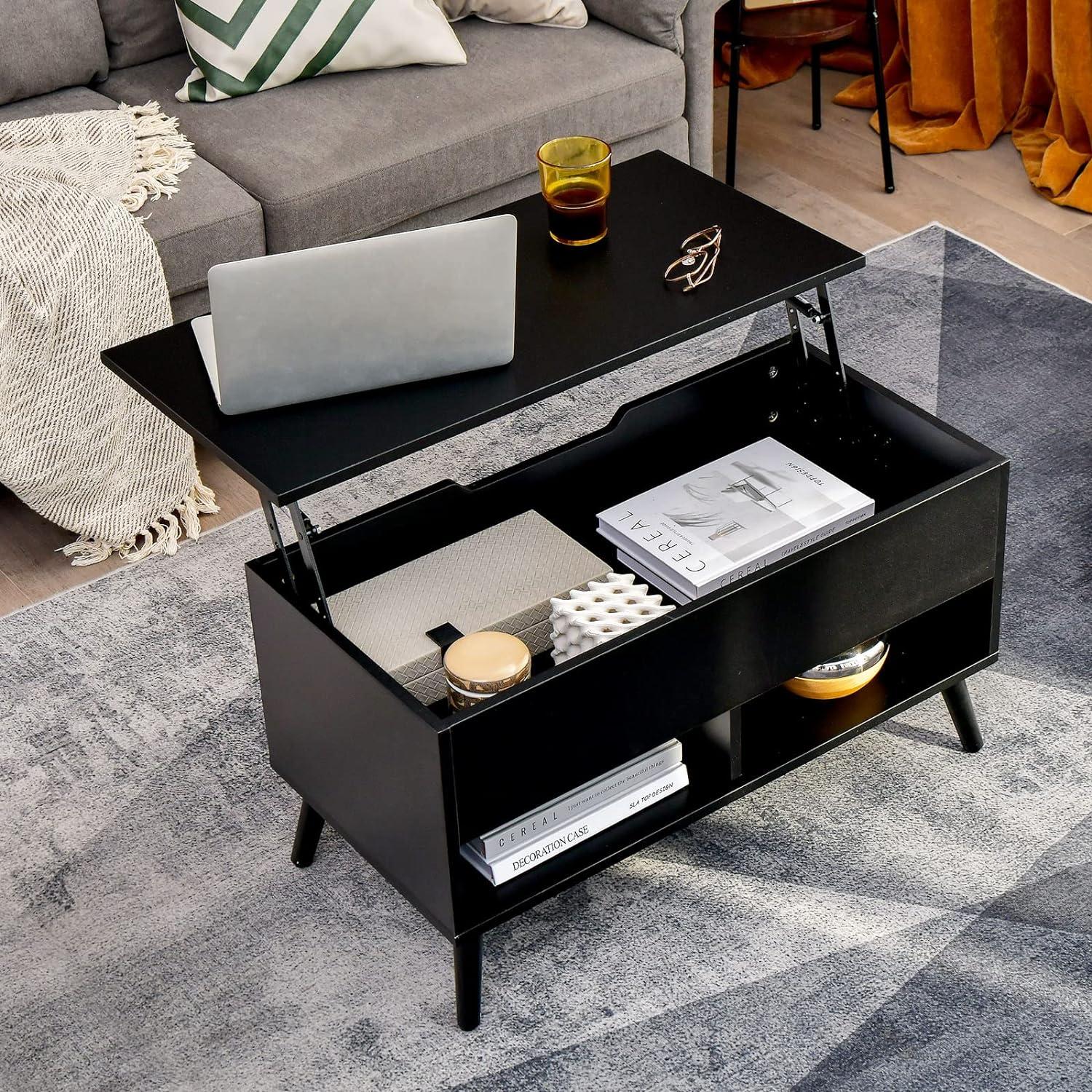 Costway 31.5''  Lift Top CoffeeTable ModernTable W/ Hidden Compartment&Wood Legs For Home Black