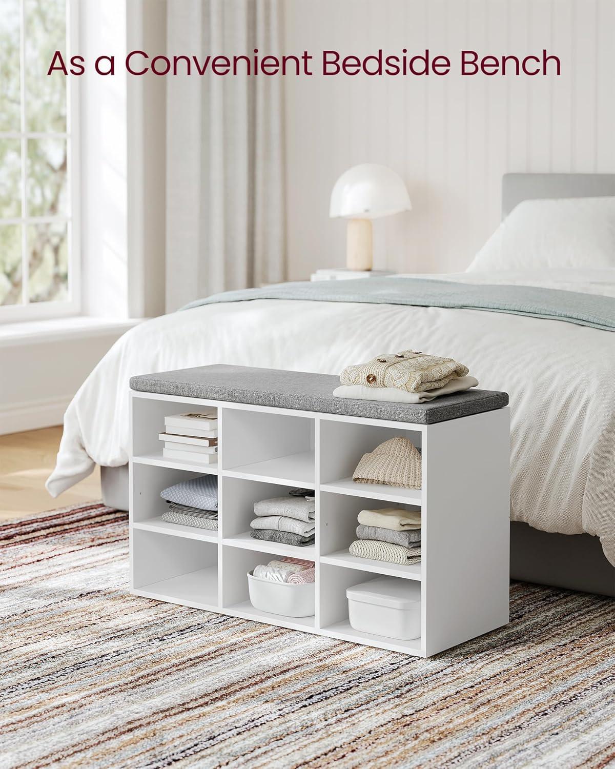 VASAGLE 9-Compartment Adjustable Shelves Storage Bench with Cushion, White and Gray