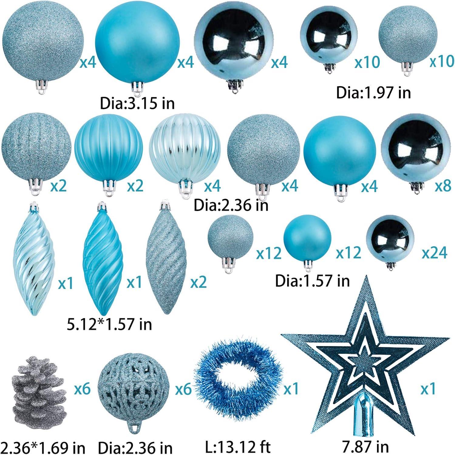 Blue Shatterproof Plastic Christmas Ornament Set with 119 Pieces