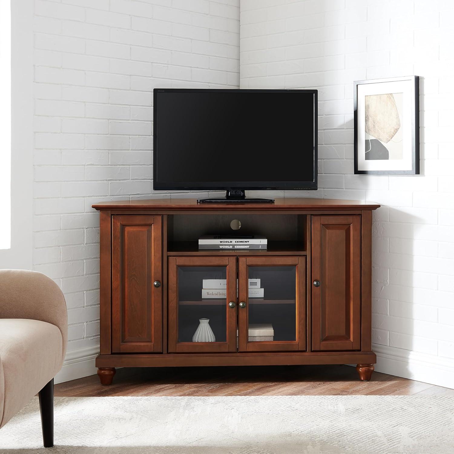 Cambridge Corner TV Stand for TVs up to 48" Mahogany - Crosley: Brass Hardware, Media Storage, Glass Doors