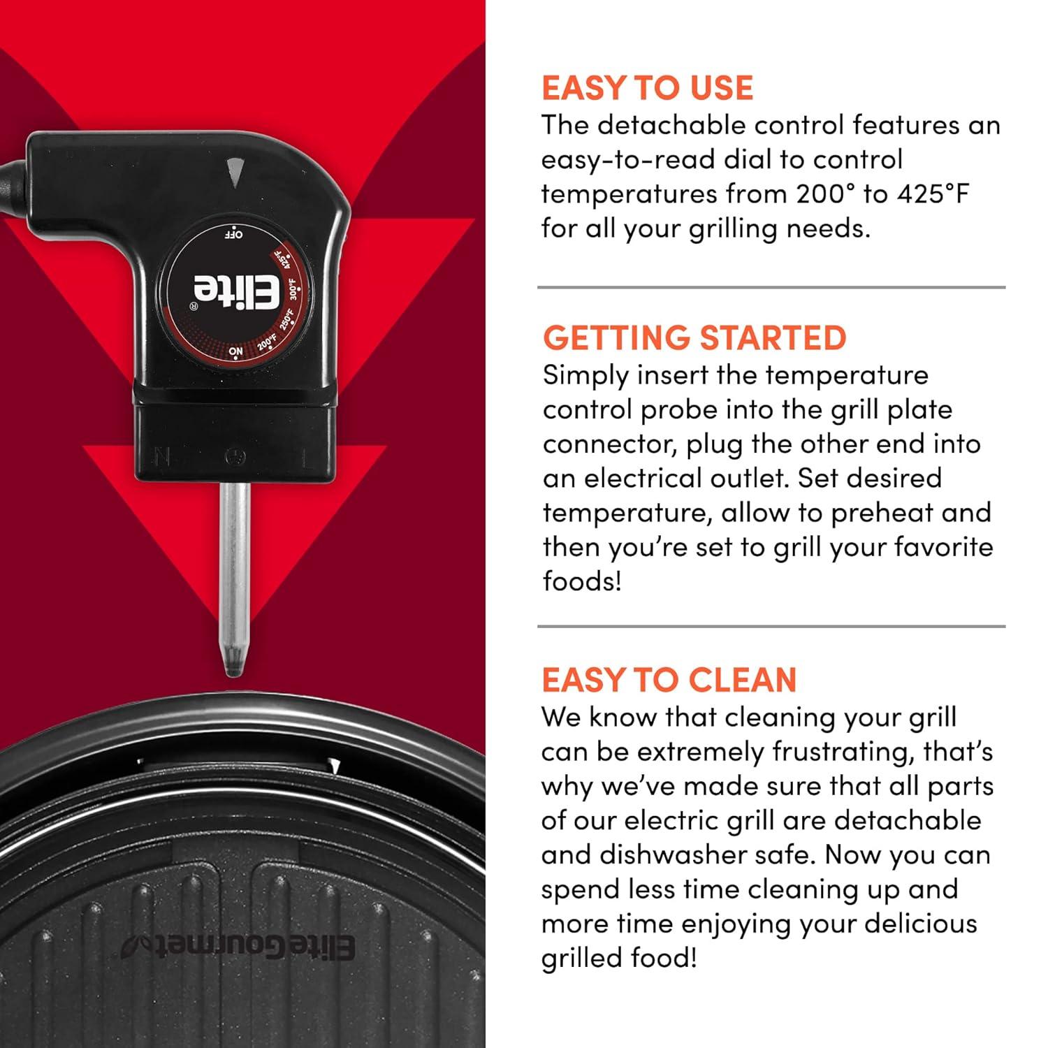 Elite Gourmet 11-inch Electric Indoor Grill with Tempered Glass Lid, Black