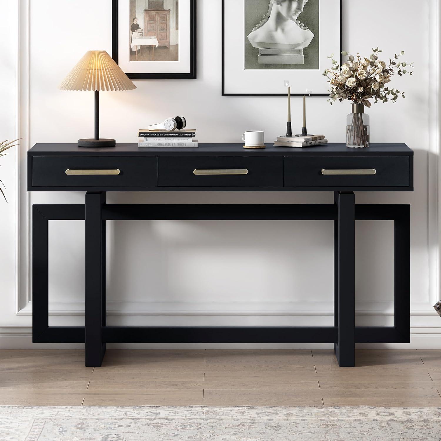 57"W Elegant Console Table with 3 Drawers and Irregular Legs, Extra Long Entryway Table, Black 4B - ModernLuxe