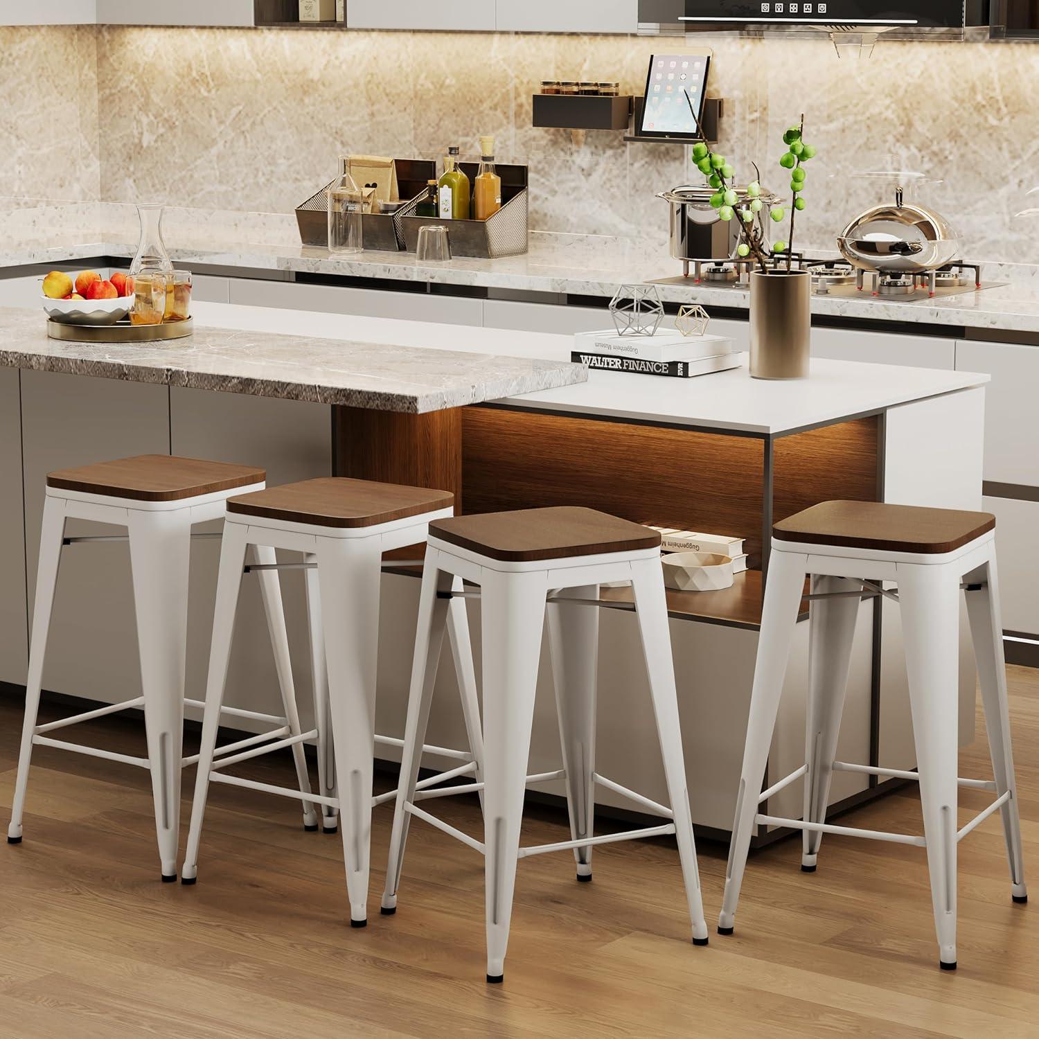 White Metal and Wood Backless Counter Stools, Set of 4