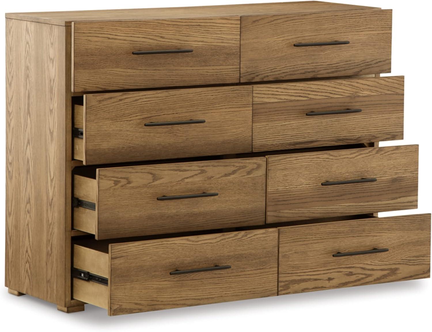 Light Brown Oak Veneer 8-Drawer Dresser with Black Iron Pulls