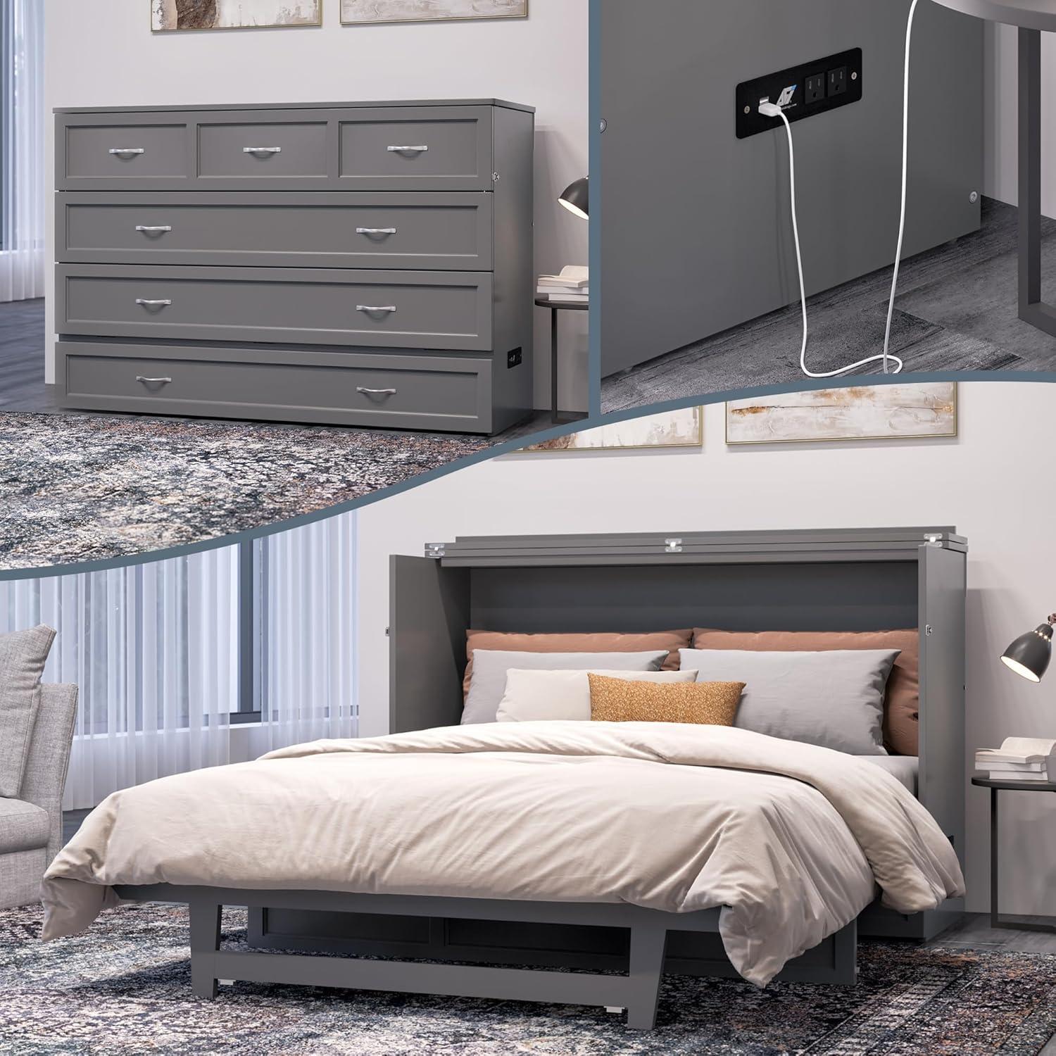 Northfield Queen Solid Wood Modern Murphy Bed Chest with Mattress in Gray