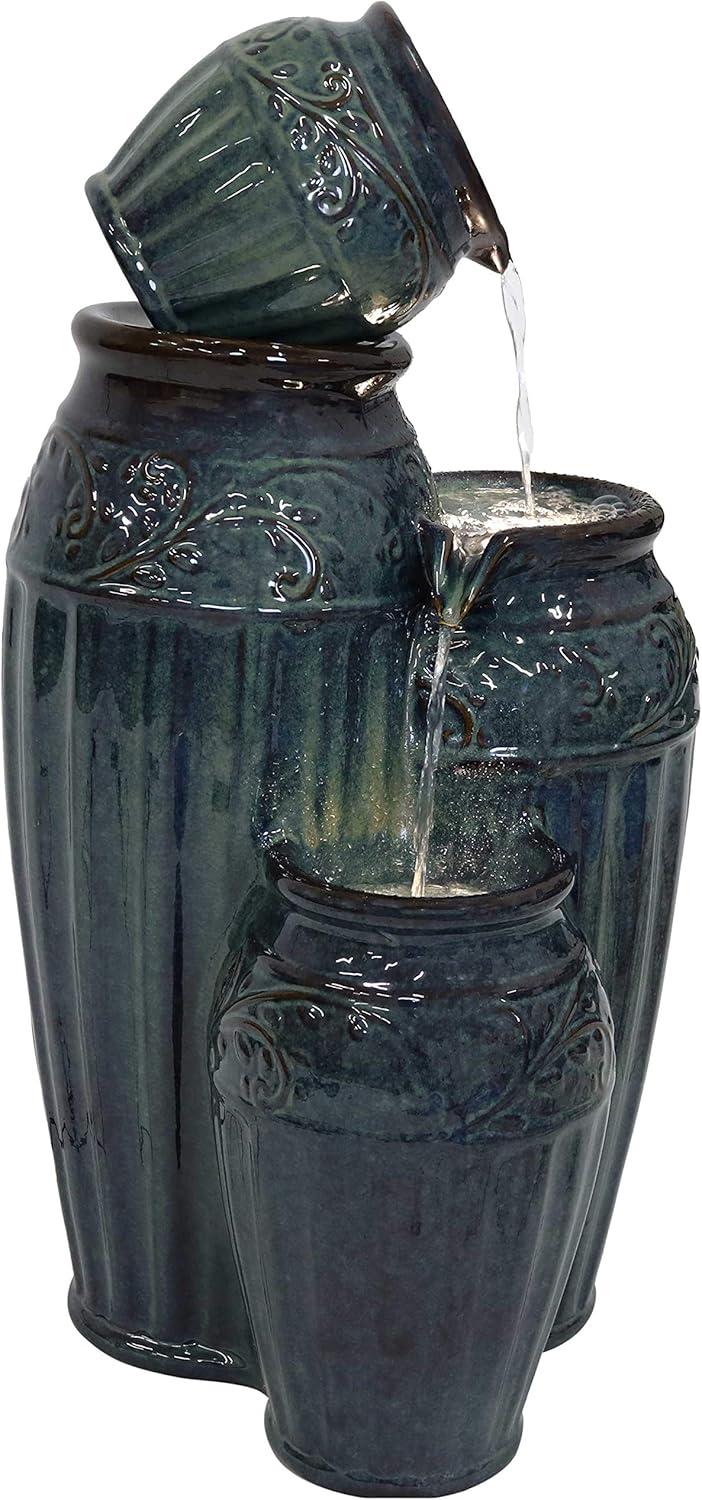 Sunnydaze 27"H Electric Ceramic Dark Turquoise Tour de Vase Outdoor Water Fountain with LED Lights