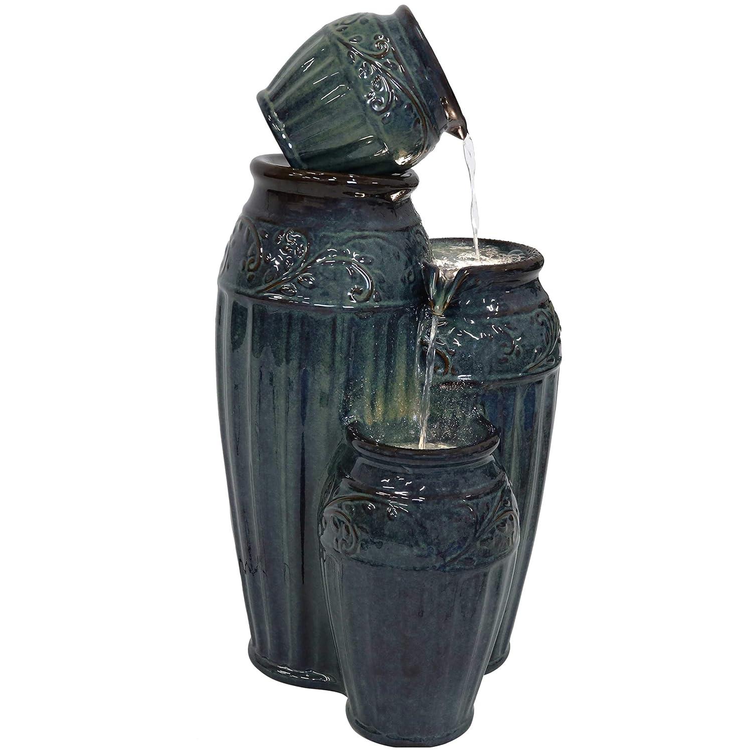 Sunnydaze 27"H Electric Ceramic Dark Turquoise Tour de Vase Outdoor Water Fountain with LED Lights