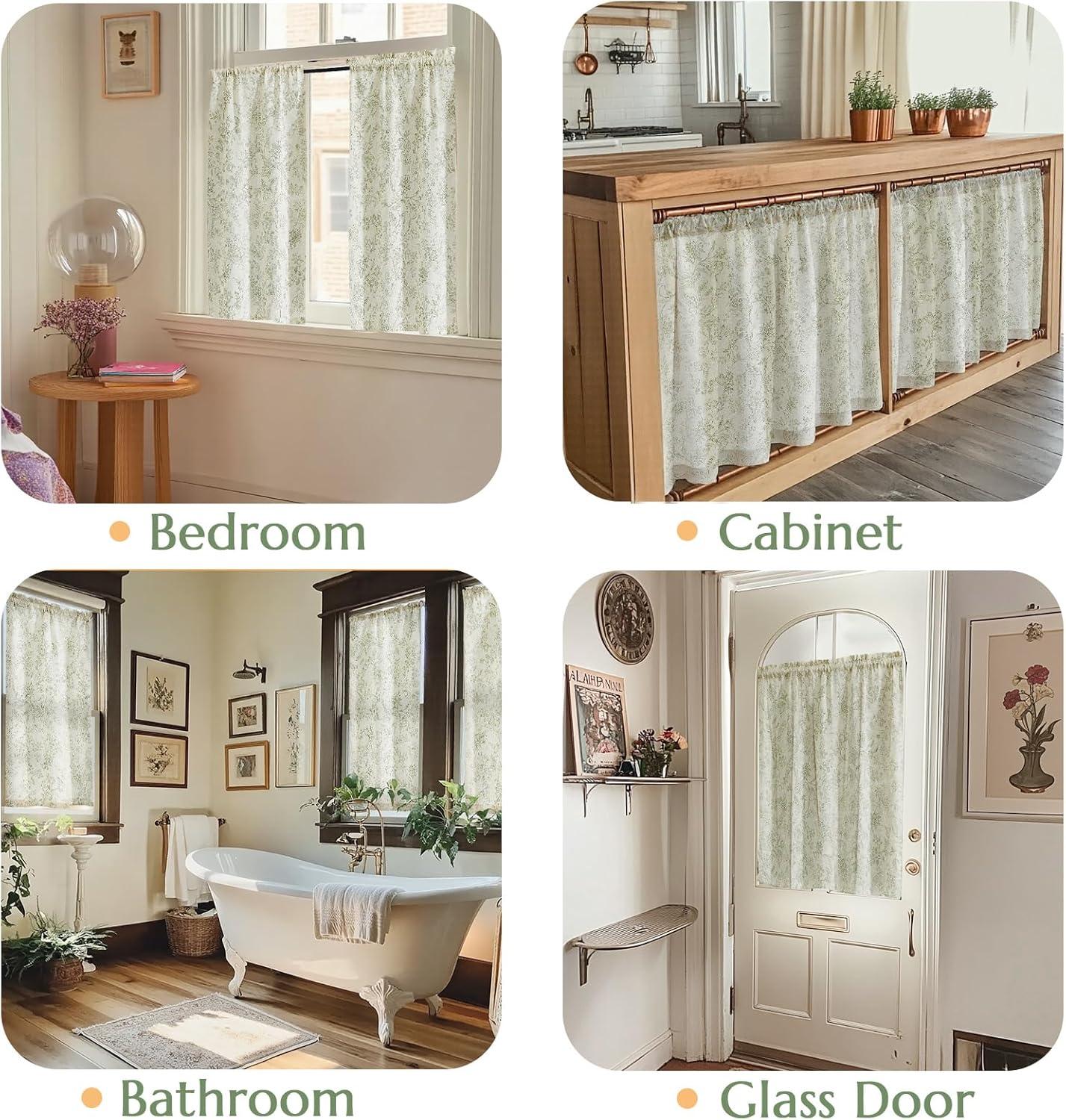 jinchan Floral Kitchen Curtains for Windows 36 Inch Linen Tier Farmhouse Cafe Curtains Country Botanic Small Window Rod Pocket Rustic Flax for Laundry Bathroom RV 2 Panels Sage Green on Beige