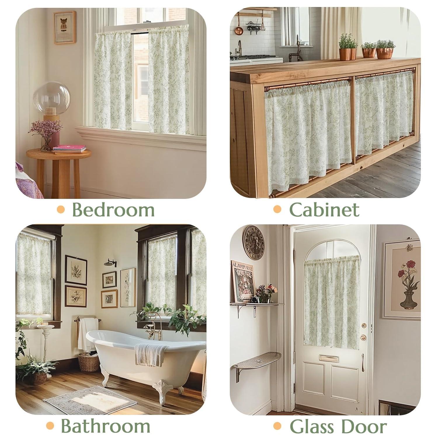 jinchan Floral Kitchen Curtains for Windows 36 Inch Linen Tier Farmhouse Cafe Curtains Country Botanic Small Window Rod Pocket Rustic Flax for Laundry Bathroom RV 2 Panels Sage Green on Beige