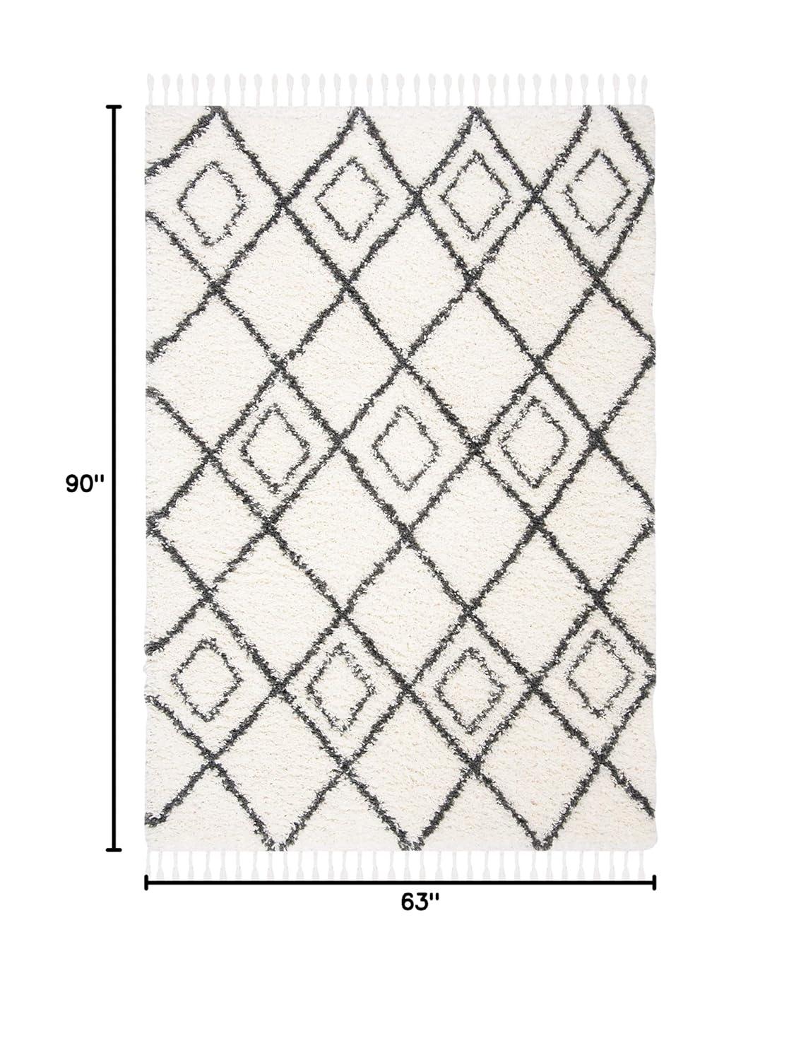 SAFAVIEH Moroccan Tassel Shag Comhgham Geometric Area Rug, Ivory/Dark Grey, 5'3" x 7'6"